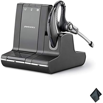 A Plantronics Savi Office W730 Wireless Headset (83543-11) placed on its sleek black charging dock, featuring three indicator icons on the front panel. A small black cleaning cloth is visible in the bottom right corner, emphasizing its practical yet stylish setup for flexible connectivity.