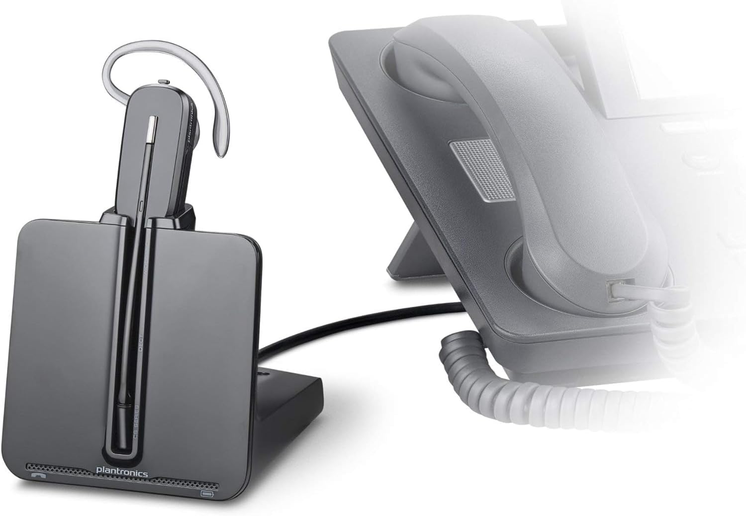 A Plantronics-CS540 Convertible Wireless Headset with HL10 Handset Lifter (84693-01 w HL10) rests on its charging base, positioned next to a traditional corded telephone. The headset boasts an over-the-ear design, and the charging base features an LED indicator. In the background, you can see the telephone's handset and coiled cord, along with an HL10 Handset Lifter nearby.