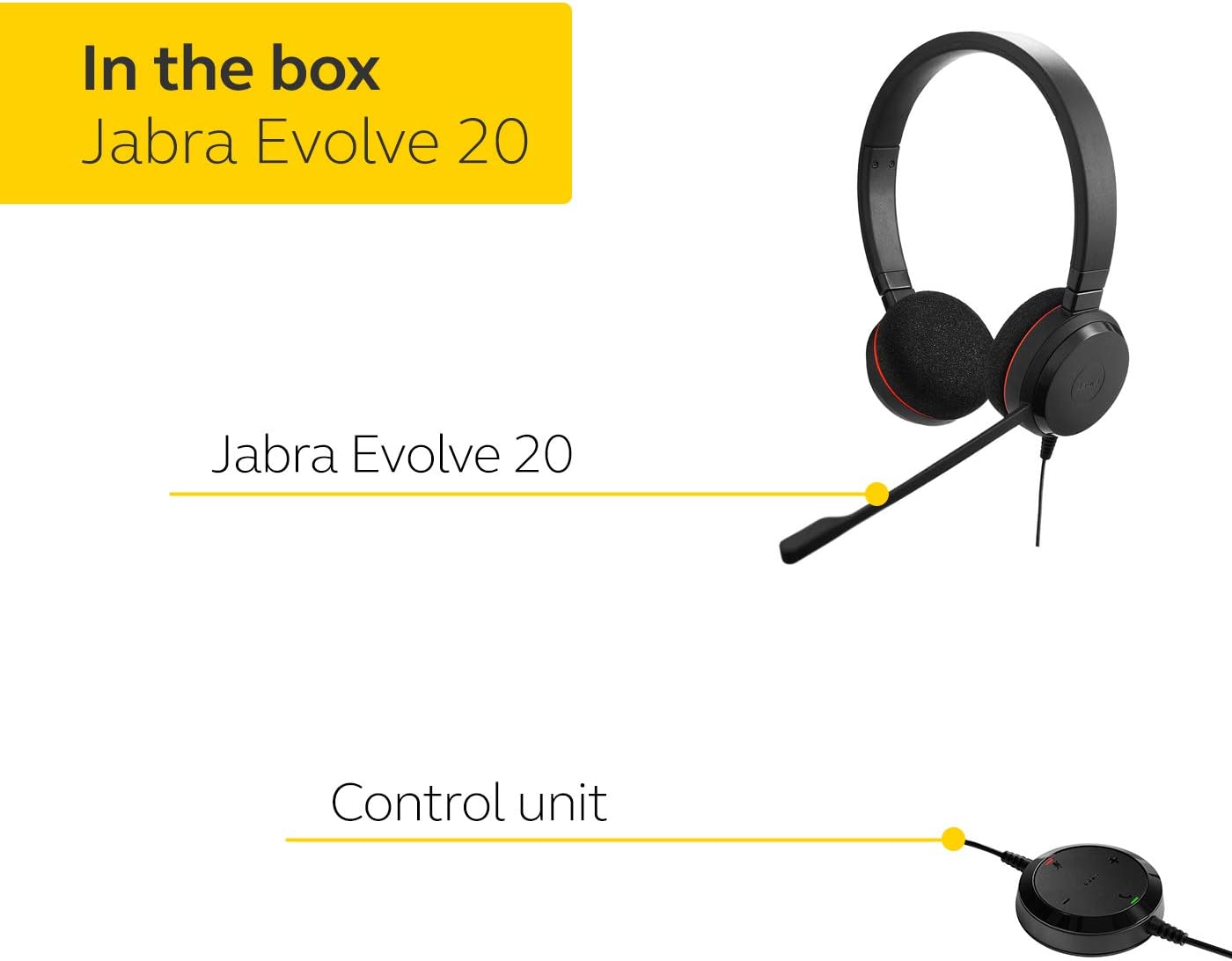 In the box image showing contents of a Jabra Evolve 20 UC Wired Headset Stereo, Professional Telephone Headphones for Greater Productivity, Superior Sound for Calls and Music, USB Connection, All Day Comfort Design package. Includes a black over-the-head headset with a noise-canceling microphone boom arm and a round control unit with buttons. Text labels identify the Jabra Evolve 20 UC Wired Headset Stereo and control unit. Background is white, ensuring all-day comfort.