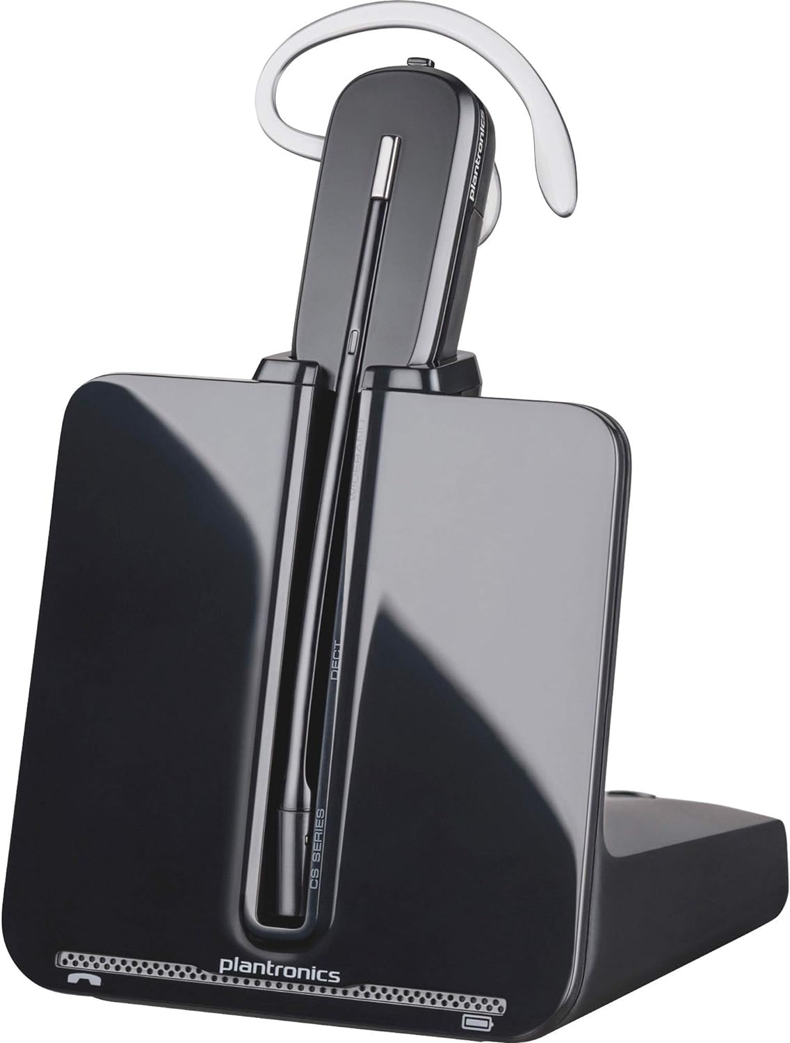 A Plantronics-CS540 Convertible Wireless Headset with HL10 Handset Lifter (84693-01 w HL10) in elegant black rests on its matching charging base. This sleek device includes an ear hook for a comfortable wear, and the base showcases a subtle Plantronics logo near the bottom. The headset is vertically positioned for an easy docking experience, fully compatible with the HL10 Handset Lifter.