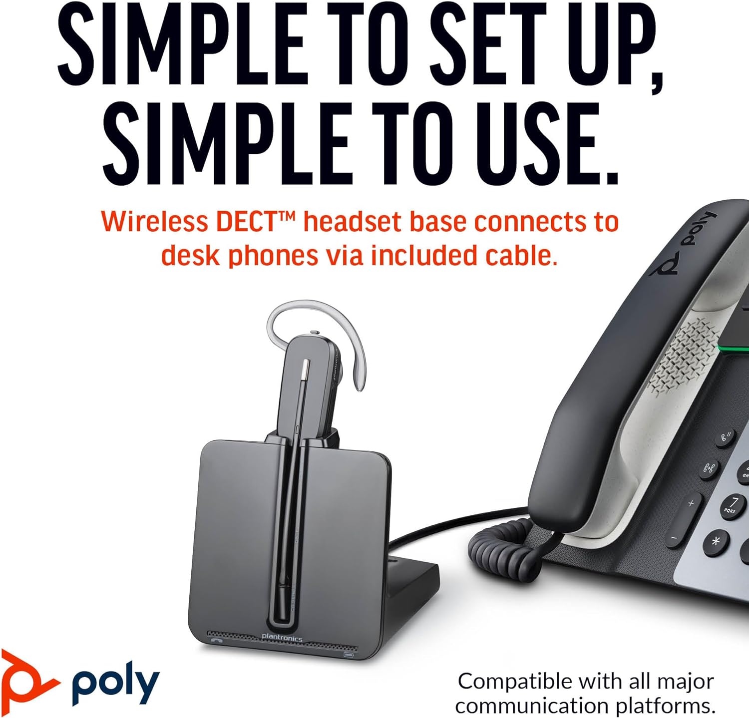 A Poly CS540 Wireless DECT Headset, Single Ear (Mono), convertible, featuring a noise-canceling mic, is shown on its base connected to a desk phone with a cable. Text reads, "Simple to set up, simple to use. Wireless DECT headset base connects to desk phones via included cable. Compatible with all major communication platforms." Poly logo included.