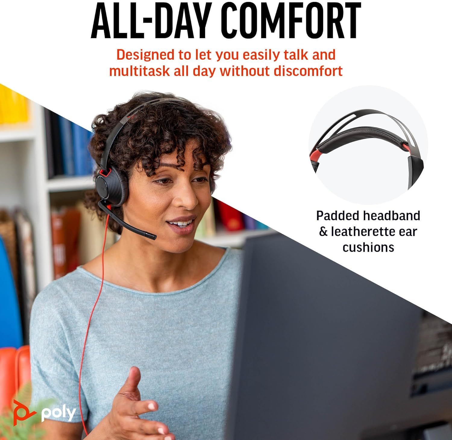 Image of a woman wearing a Poly Blackwire 5220 Wired Headset (Plantronics) - Flexible Noise-Canceling Boom Mic - Ergonomic Design - Connect to PC/Mac, Mobile via USB-C, USB-A, or 3.5 mm - Works w/Teams, Zoom - (Part#8M3W9AA#ABA) while working on a laptop. The text at the top reads, "ALL-DAY COMFORT. Designed to let you easily talk and multitask all day without discomfort." An inset image of the headset highlights its padded headband, leatherette ear cushions, and premium audio quality.