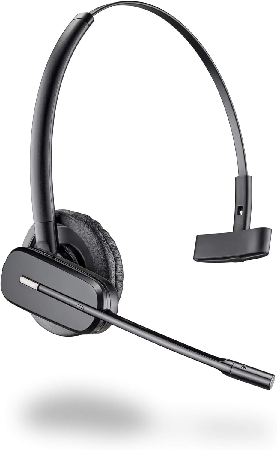 The Plantronics-CS540 Convertible Wireless Headset with HL10 Handset Lifter (84693-01 w HL10) is a black, lightweight headset featuring an adjustable headband and cushioned ear pad. It includes a noise-canceling microphone on a flexible boom arm, making it ideal for office and call center use. The headset boasts a sleek, modern design and is fully compatible with the included HL10 Handset Lifter.