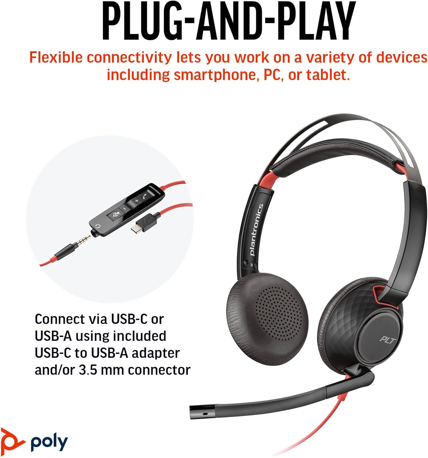 An image depicts the Poly Blackwire 5220 Wired Headset (Plantronics) - Flexible Noise-Canceling Boom Mic - Ergonomic Design - Connect to PC/Mac, Mobile via USB-C, USB-A, or 3.5 mm - Works w/Teams, Zoom - (Part#8M3W9AA#ABA) with a microphone and cushioned ear cups. The headset, known for its premium audio quality, can connect via USB-C, USB-A (using an adapter), or a 3.5 mm connector, enabling versatile connectivity options with smartphones, PCs, or tablets.