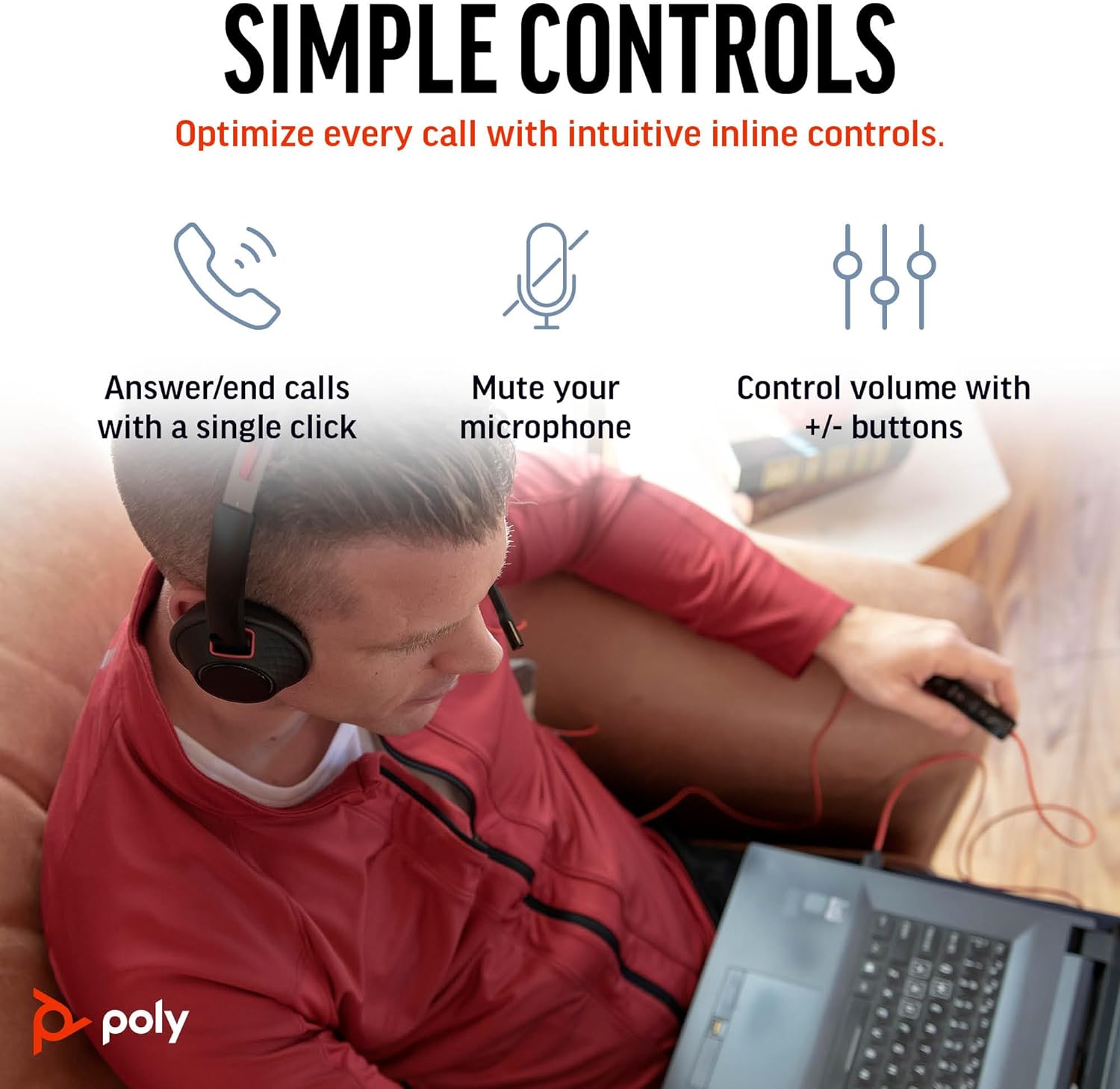 A person wearing a red jacket is sitting on a couch with a laptop on their lap, using a Poly Blackwire 5220 Wired Headset (Plantronics) - Flexible Noise-Canceling Boom Mic - Ergonomic Design - Connect to PC/Mac, Mobile via USB-C, USB-A, or 3.5 mm - Works w/Teams, Zoom - (Part#8M3W9AA#ABA). Text above reads, "Simple Controls - Optimize every call with intuitive inline controls." Icons display functions: answer/end calls, mute microphone, and control volume.