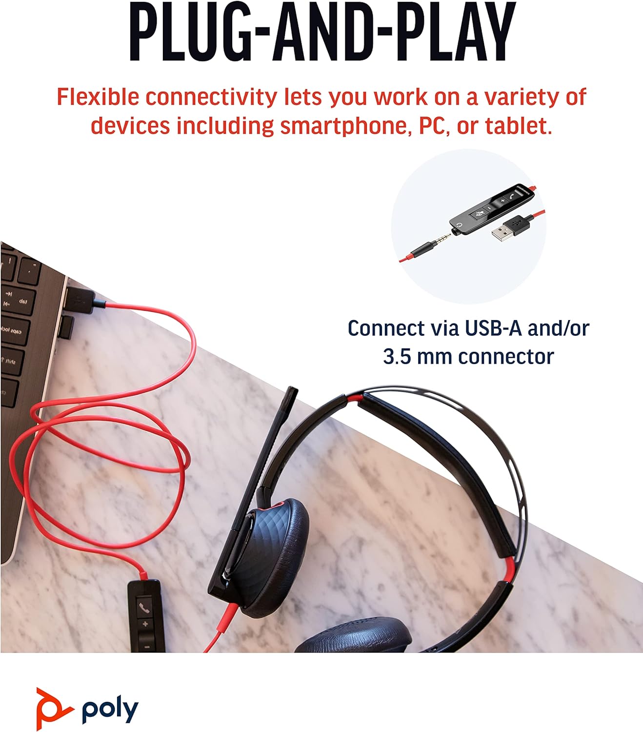An image showcasing the high-performance wired Poly - Blackwire 5220 USB-A Headset (Plantronics) - Wired, Dual Ear (Stereo) Computer Headset with Boom Mic connected to a laptop. The text highlights the plug-and-play feature with flexible connectivity options via USB-A and 3.5 mm connector, and emphasizes its noise-canceling microphone for use with smartphones, PCs, and tablets.