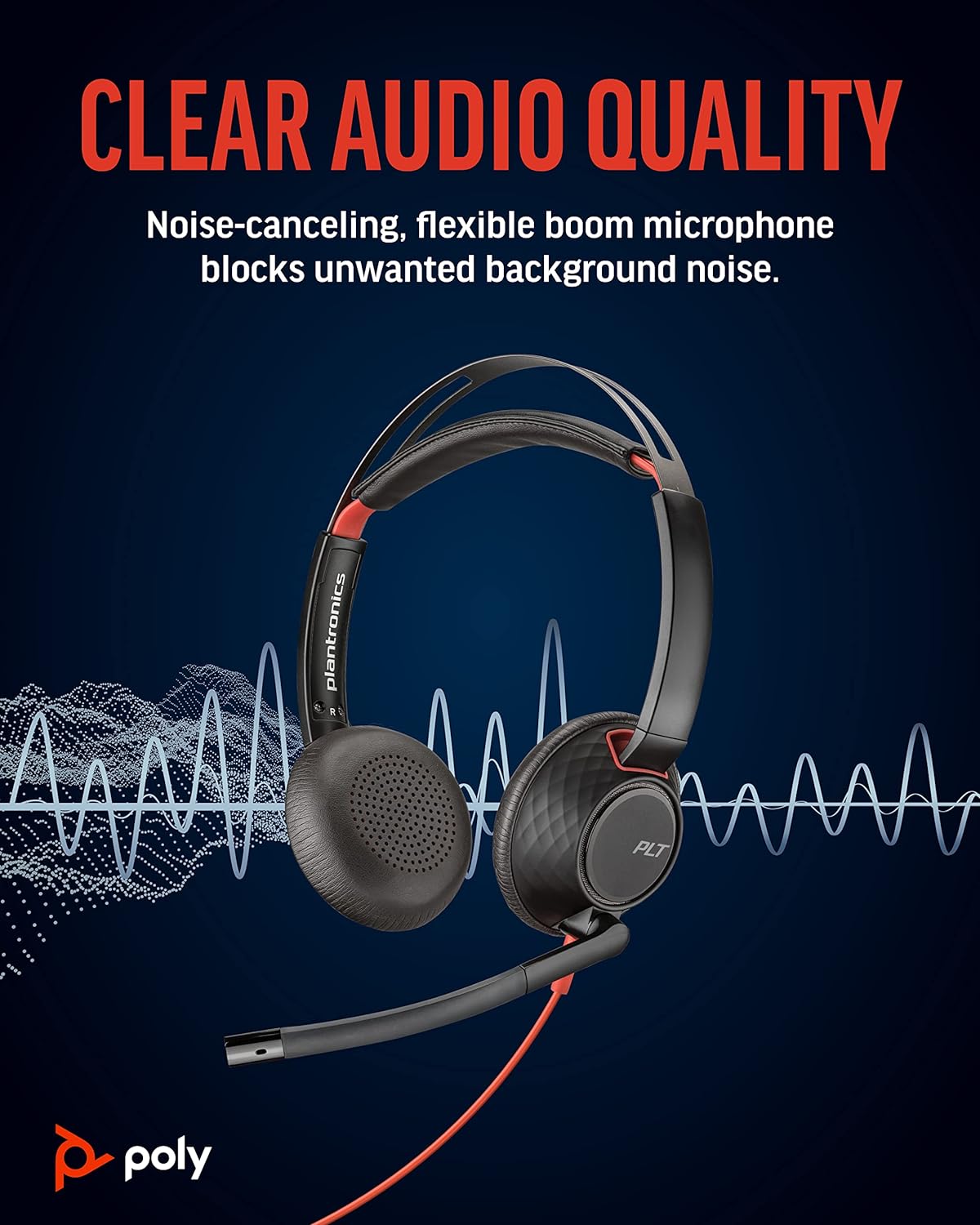 A black Poly - Blackwire 5220 USB-A Headset (Plantronics) - Wired, Dual Ear (Stereo) Computer Headset with Boom Mic - USB-A, 3.5 mm to connect to your PC, Mac, Tablet and/or Cell Phone (part# 207576-01) with a noise-canceling microphone is shown against a dark blue background with soundwave graphics. The text reads "CLEAR AUDIO QUALITY" at the top, and "Noise-canceling, flexible boom microphone blocks unwanted background noise" below it. The Poly logo is at the bottom.