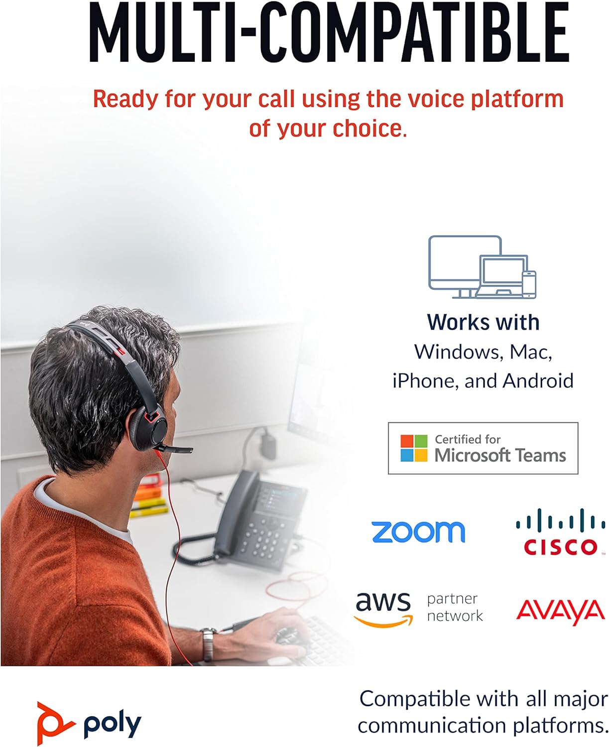 A person is working at a desk with a computer and a phone while wearing a Poly Blackwire 5220 USB-A Wired Dual Ear (Stereo) Headset with Boom Mic, USB-A/3.5 mm Connectivity (207576-01). The text highlights that this headset delivers high-quality audio and is "multi-compatible" with voice platforms. Logos for Microsoft Teams, Zoom, Cisco, AWS Partner Network, and Avaya are present, along with the Poly logo at the bottom left.