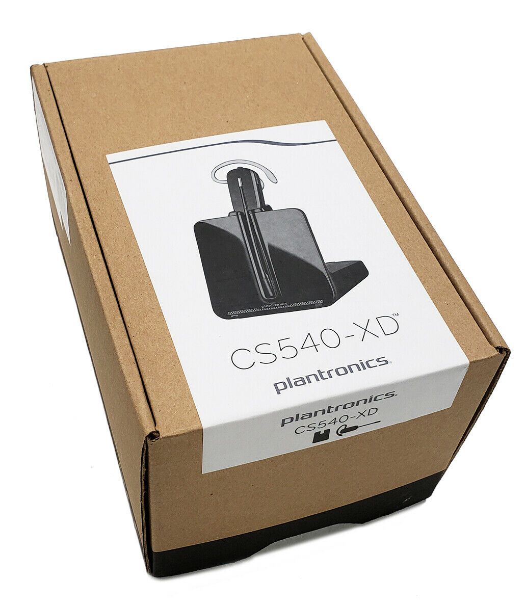 A cardboard box with a printed label showcasing the Plantronics CS540 XD Wireless Headset. The label features an image of the black headset on its charging stand, along with the product name