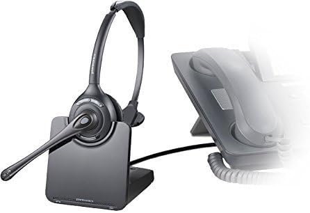 An office headset with a microphone is placed on a charging stand beside a traditional corded desk phone. The image is slightly faded on the right side, highlighting the transition between modern and classic communication devices. The Plantronics CS510 - Over-the-Head monaural Wireless Headset System DECT 6.0 (Part # 84691-01), featuring DECT technology, bridges this gap effortlessly.