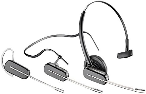 A black mono headset with an adjustable headband and microphone, shown from three different angles. The Plantronics Savi W745 Dect Mo, Standard Packaging (Part # 86507-01) features a rectangular earpiece and a sleek, modern design.