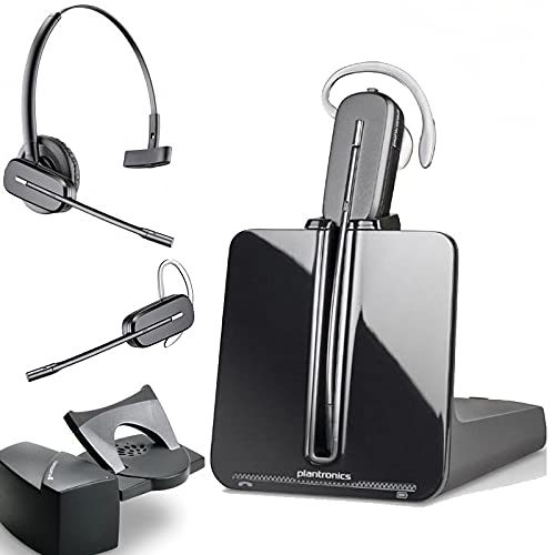 A Plantronics CS540 Convertible Wireless Headset with HL10 Handset Lifter (84693-01 w HL10) is showcased in multiple views, featuring a slim black earpiece and microphone boom. The headset is placed in a sleek black charging base, with additional accessories including an ear hook and the HL10 Handset Lifter displayed around the main product.