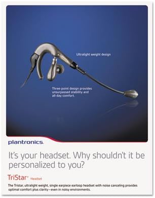 Introducing the Plantronics Tristar Headset with Noise Cancelling Microphone (H81N) by Plantronics, showcasing its ultralight design. The text emphasizes its innovative three-point design for maximum comfort and exceptional noise cancelling performance.