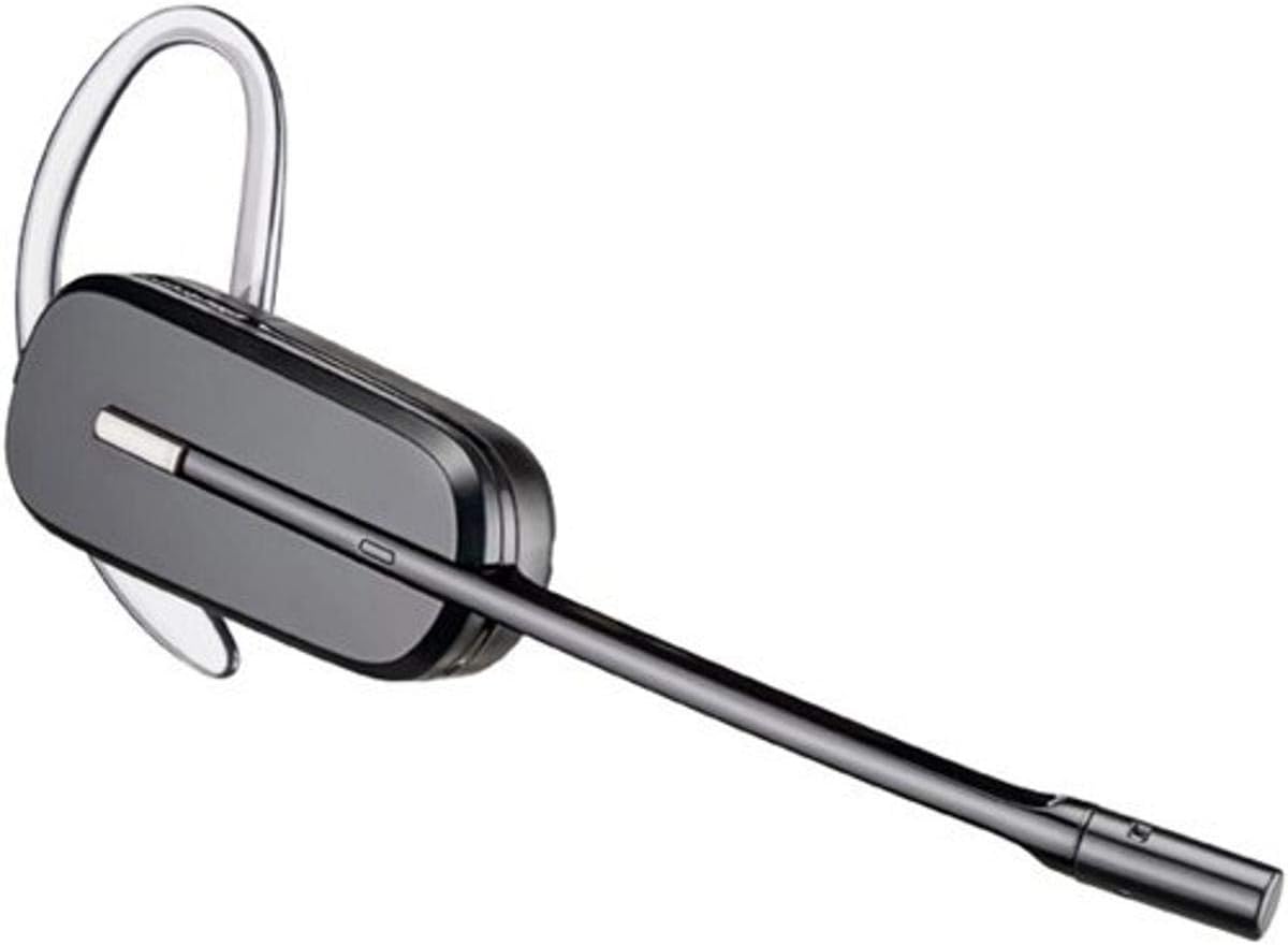 The Plantronics CS540 Spare Headset (86179-01), without a charger included, features a sleek black design with an extended microphone boom and a clear over-the-ear hook for a secure fit. Its modern and compact form is ideal for seamless conference collaboration.