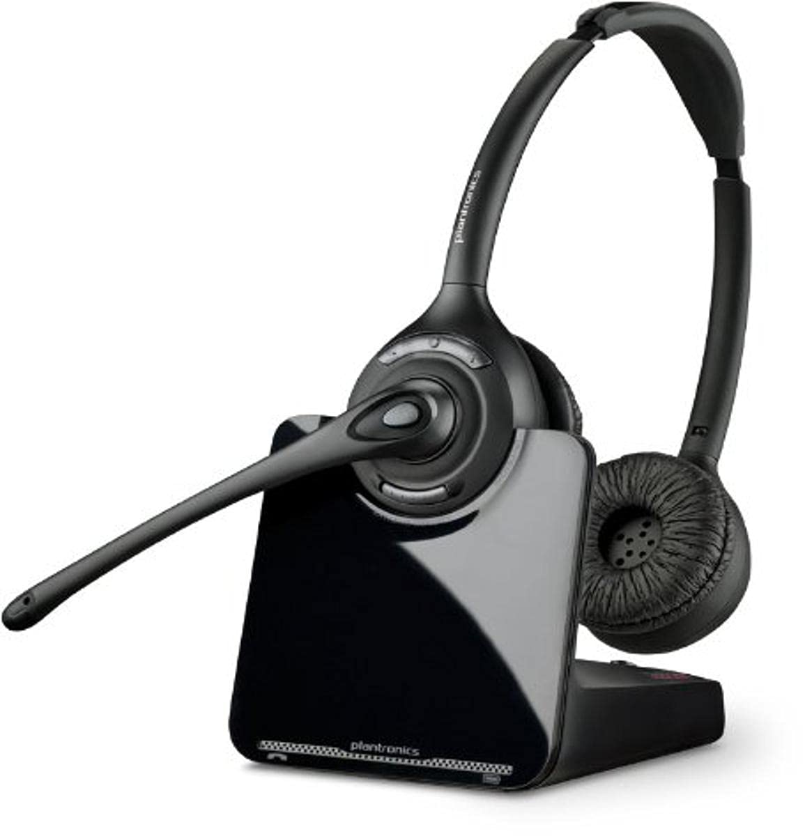 A Plantronics CS520-XD Wireless Headset - DECT, Black (Part #88285-01) with a microphone attached to a sleek, glossy black charging base. The headset has cushioned earpieces, and the microphone extends from the left ear. The brand name "Plantronics" is visible on the base, offering premium audio and superior call management through wireless connectivity.