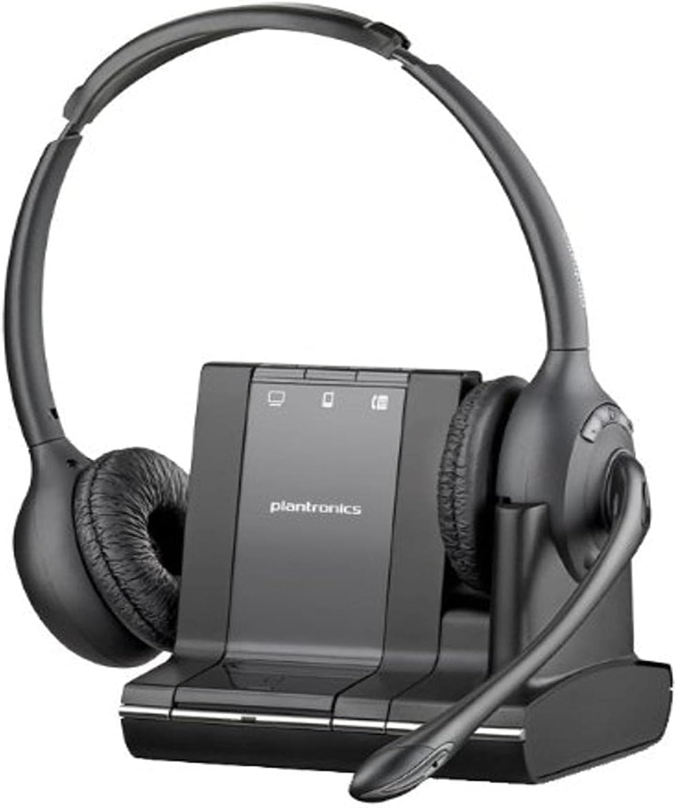 Image of a Plantronics Savi W720-M Multidevice Wireless Headset (84004-01) resting on its docking station. The headset features cushioned ear pads, an adjustable headband, and a noise-canceling microphone boom. The sleek rectangular docking station includes control buttons on the front and offers flexible connectivity options.