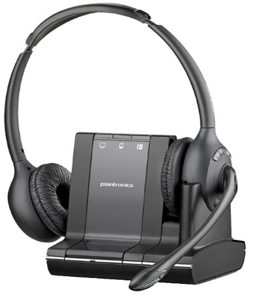 Image of a Plantronics Savi W720-M Multidevice Wireless Headset resting on its charging base. The office wireless headset features over-the-ear, cushioned ear cups and a noise-canceling microphone boom extending from one side. The base, showcasing the Plantronics logo on the front, offers flexible connectivity options through control buttons.