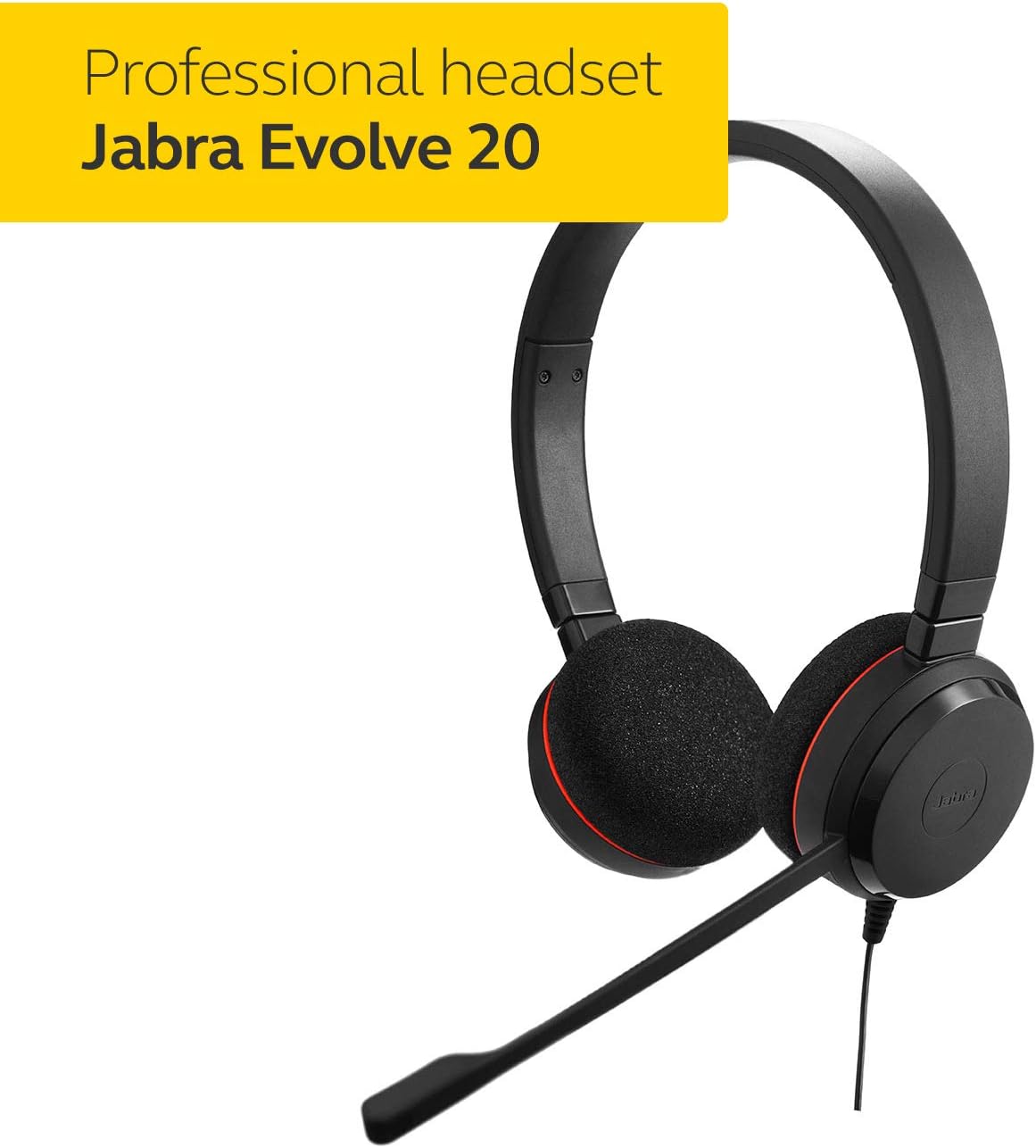 A black Jabra Evolve 20 UC Wired Headset Stereo, Professional Telephone Headphones for Greater Productivity, Superior Sound for Calls and Music, USB Connection, All Day Comfort Design with padded over-ear headphones and an attached noise-canceling microphone is displayed against a white background. A yellow banner in the top left corner features the text "Professional headset Jabra Evolve 20 UC Wired Headset Stereo.