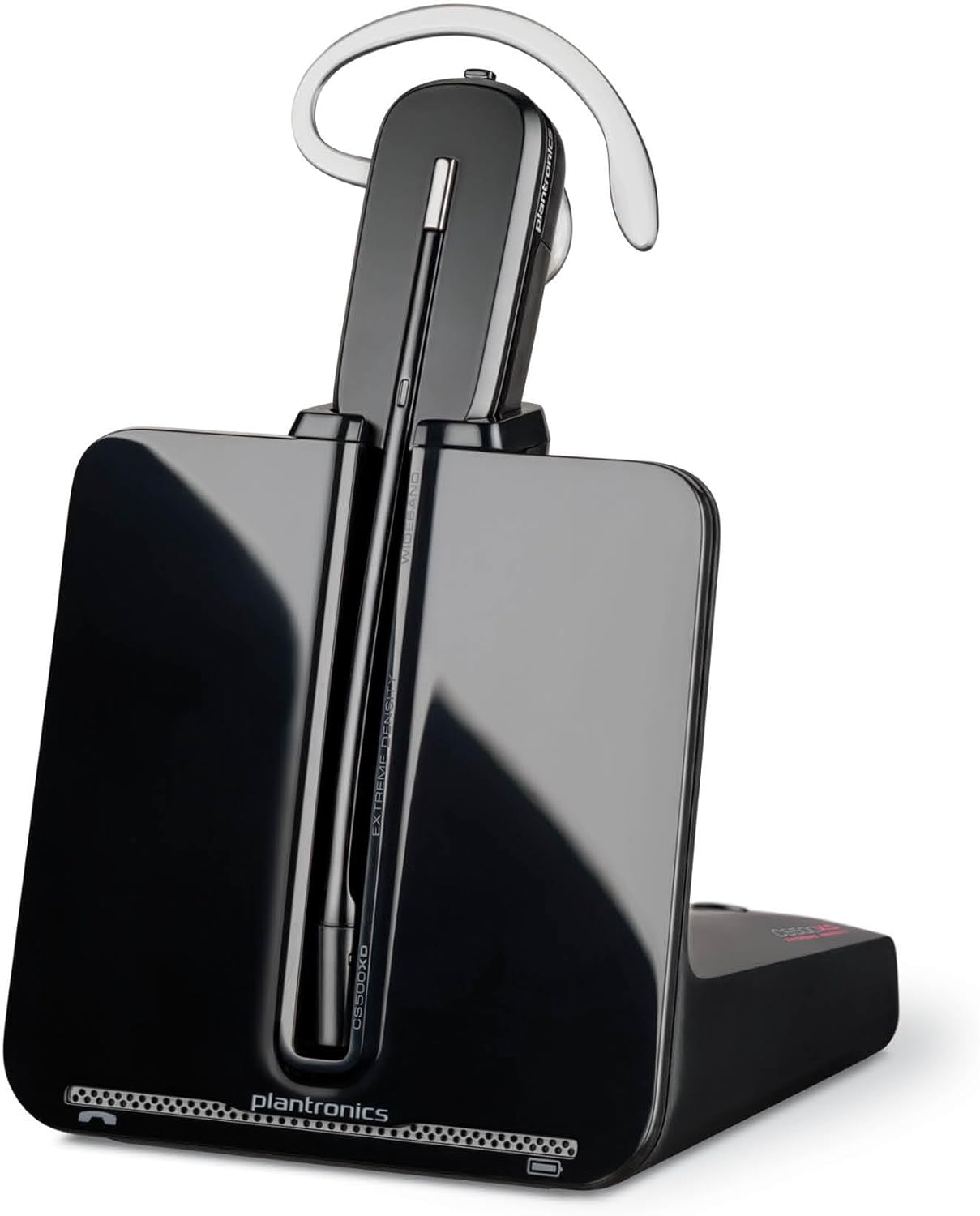 A sleek black Poly CS540 Wireless DECT Headset, single ear (mono) with a noise-canceling mic, rests on its matching charging dock. The office headset features a clear hook for ear support and a slim, modern design. The device is set against a white background with the Poly logo visible on the dock.