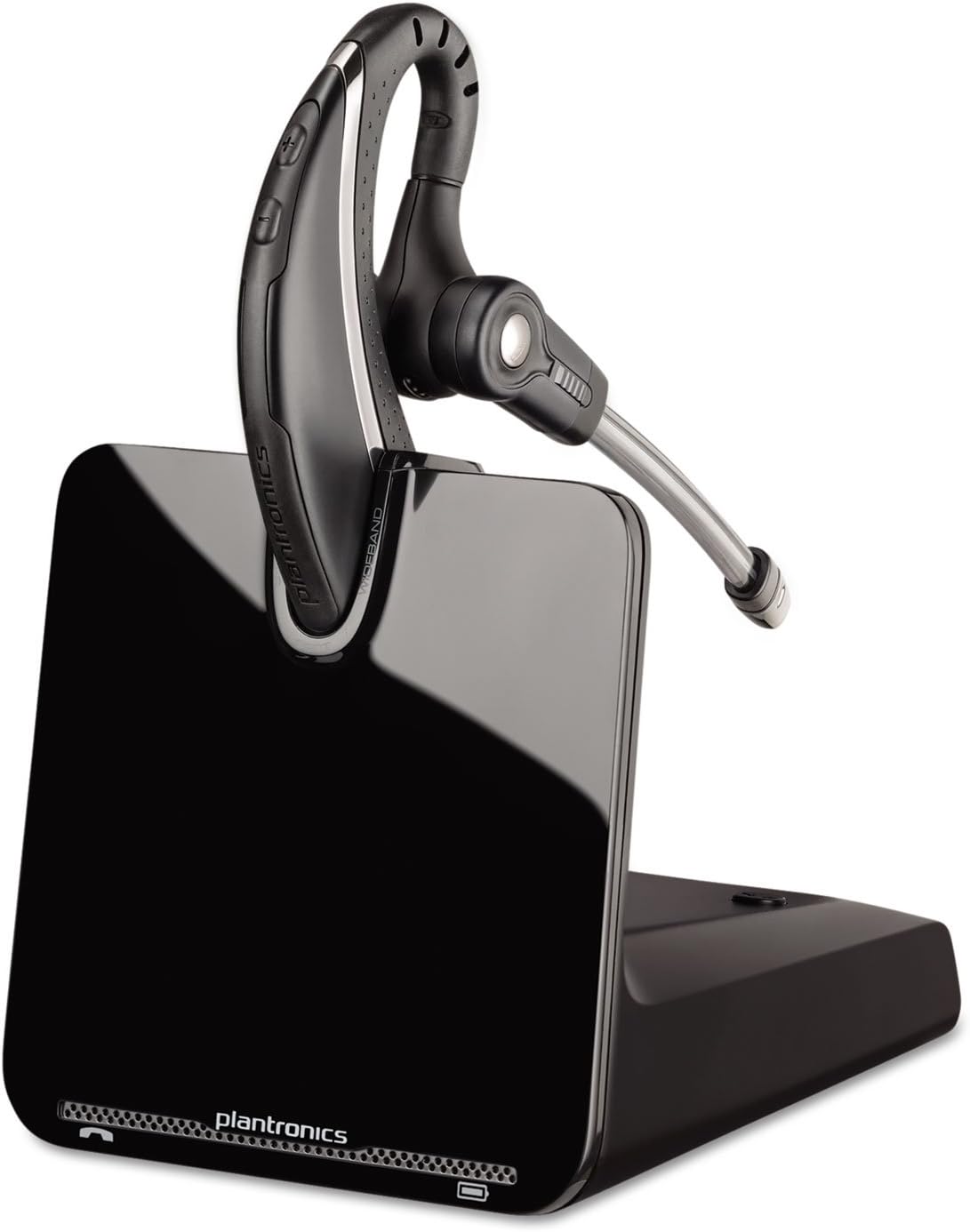 An image of a Plantronics CS530 Office Wireless Headset with Extended Microphone (Single, 86305-01) resting on its sleek black charging base. The office headset showcases an over-the-ear design paired with a curved boom microphone. The Plantronics logo is prominently visible on both the headset and the front of the charging base.