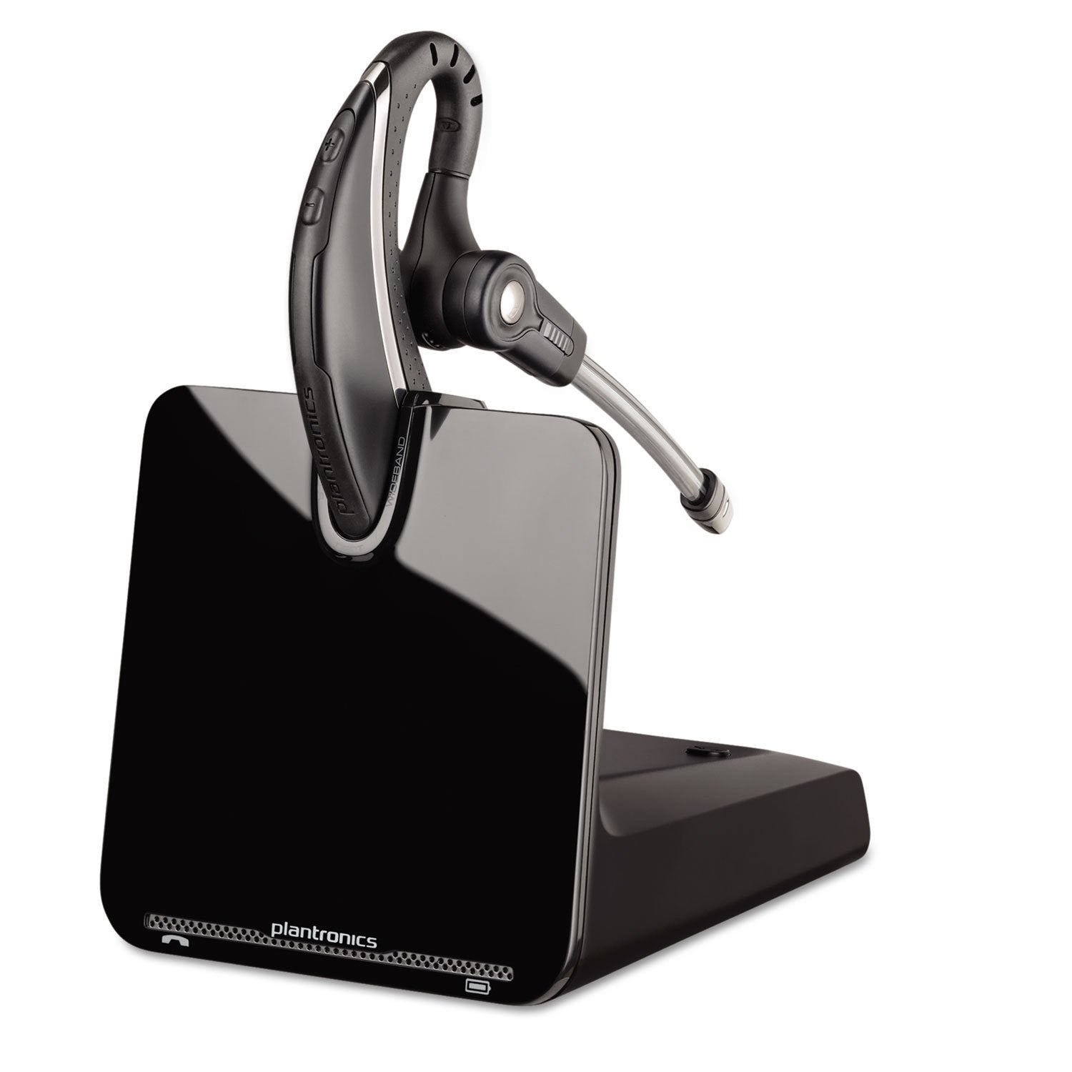 A sleek black Plantronics CS530 Office Wireless Headset with Extended Microphone (Single, 86305-01) rests on its charging dock. The headset features an over-the-ear hook design with a microphone boom. The base has a glossy finish and showcases the brand name "Plantronics" at the bottom, making it an ideal office headset.