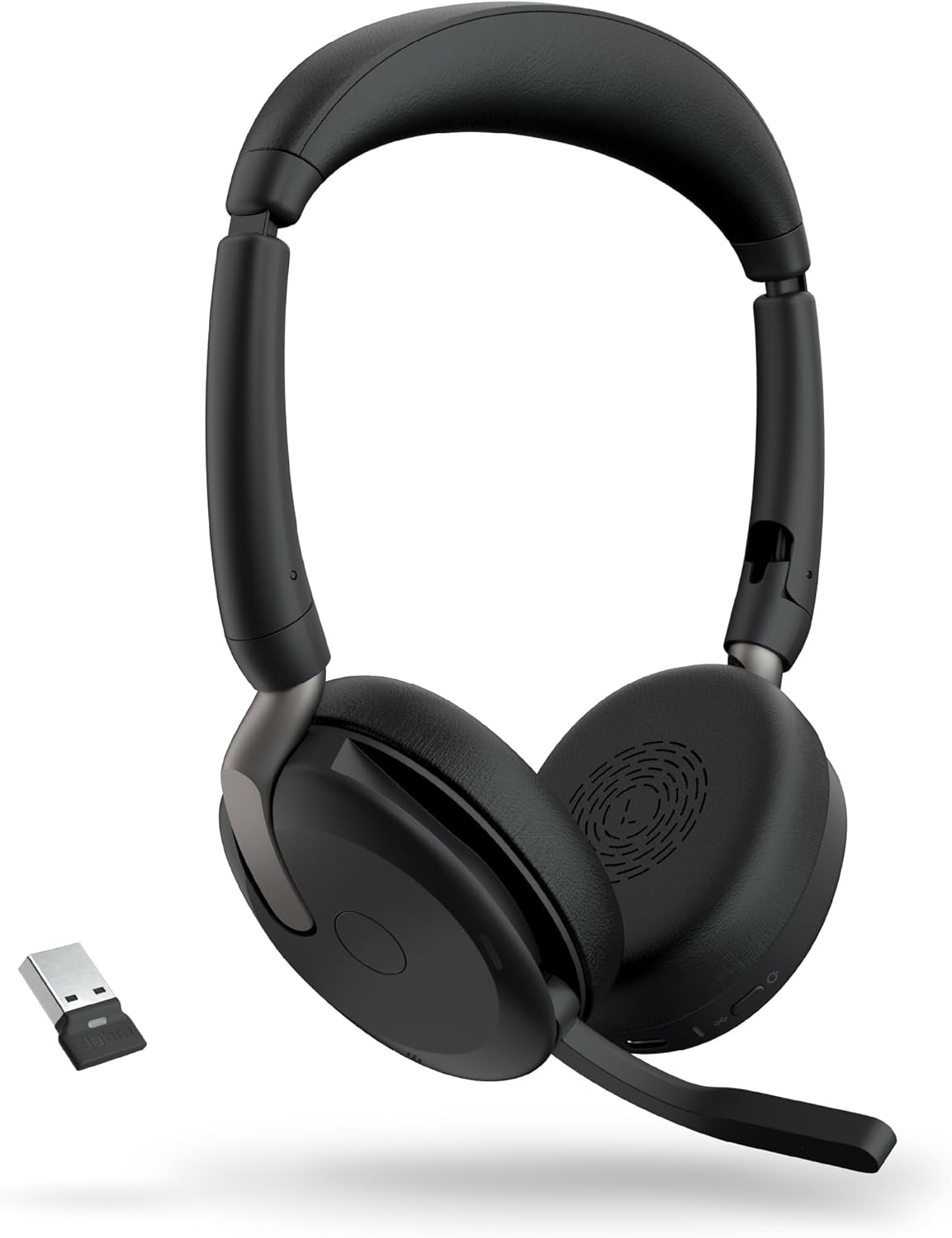 A pair of black over-ear headphones featuring a padded headband and cushioned ear cups, designed with Hybrid ANC technology. The Jabra Evolve2 65 Flex Wireless Stereo Headset - Bluetooth, Noise-Cancelling ClearVoice Technology & Hybrid ANC - Works with All Leading UC Platforms Such As Zoom & Google Meet - Black model includes an attached microphone on the right side. To the left, a small USB dongle is visible, indicating their wireless nature.