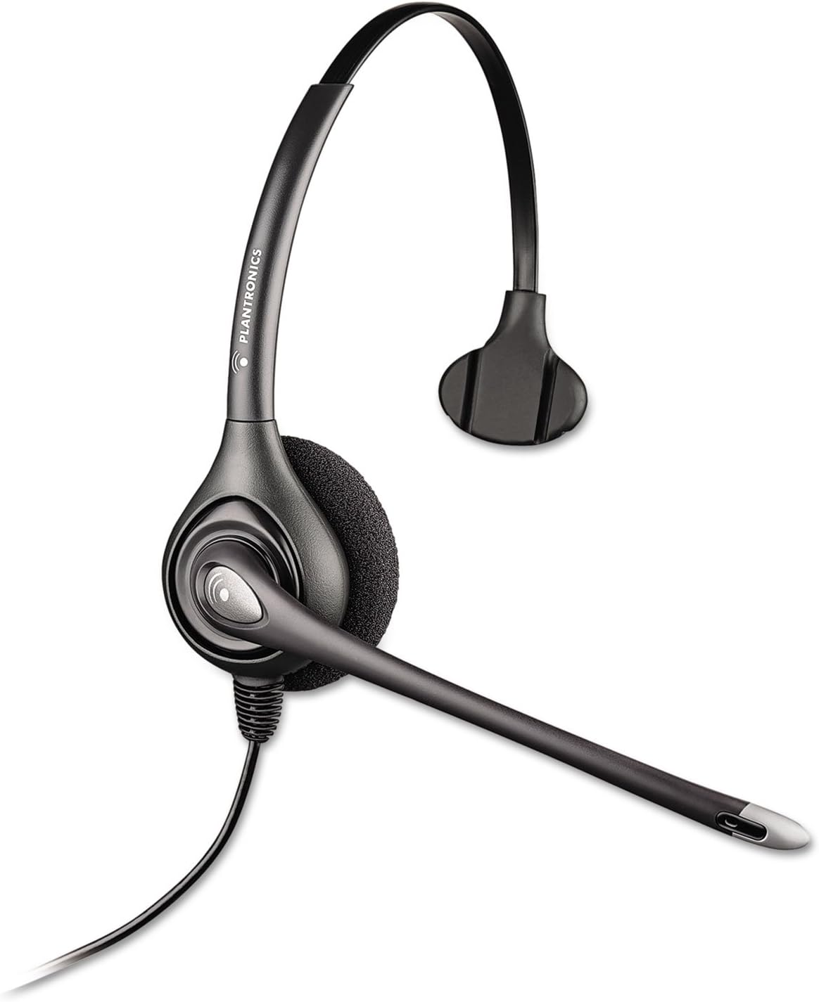 The Plantronics SupraPlus HW251N Wideband USB - Headset (HW251N/A) features a sleek black design with a single padded ear cup, an adjustable headband, and an attached microphone boom, offering comfortable wear. Its visible wired connection ensures premium audio quality for rich communication experiences.