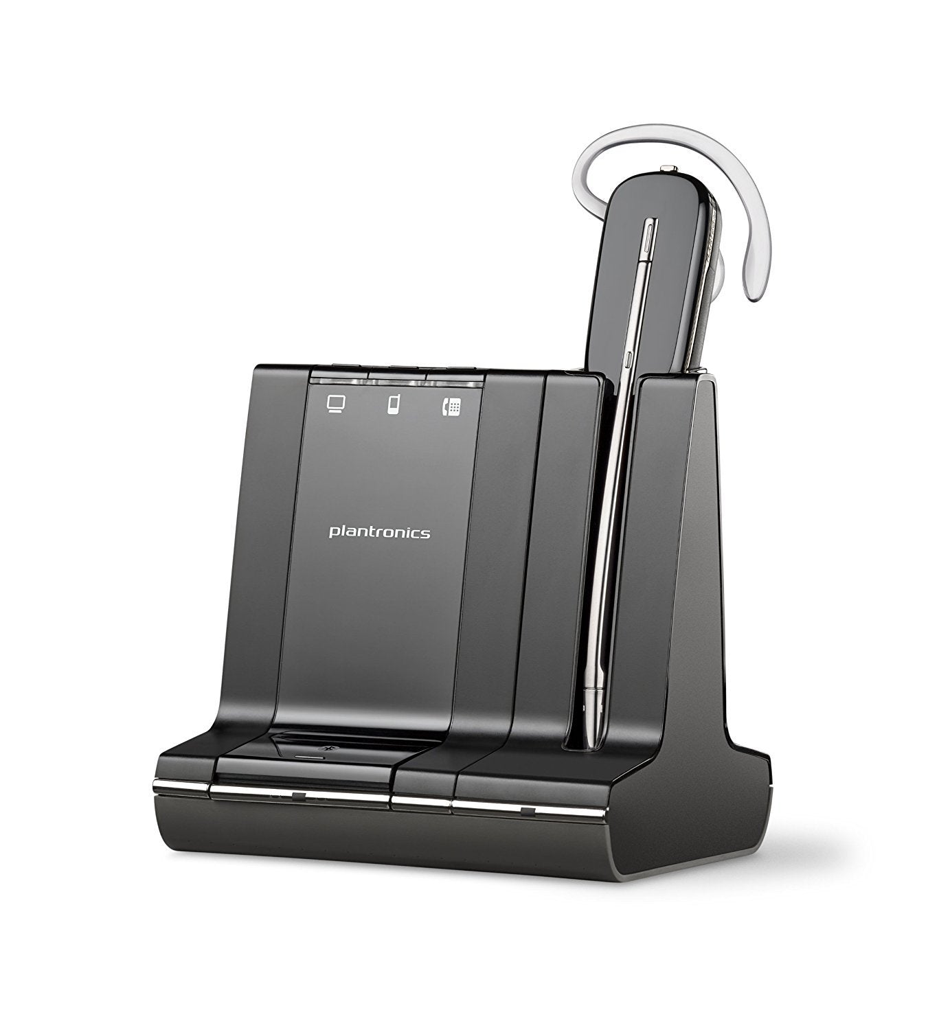 Introducing the Poly Plantronics Savi W740 Wireless Headset System (83542-01), a sleek black office headset complete with a user-friendly base station. This unified communication device features a noise-canceling microphone attached to its curved earpiece and rests on a base that provides an intuitive interface with three labeled icons. Additionally, it offers 3-way connectivity to ensure versatile communication options.