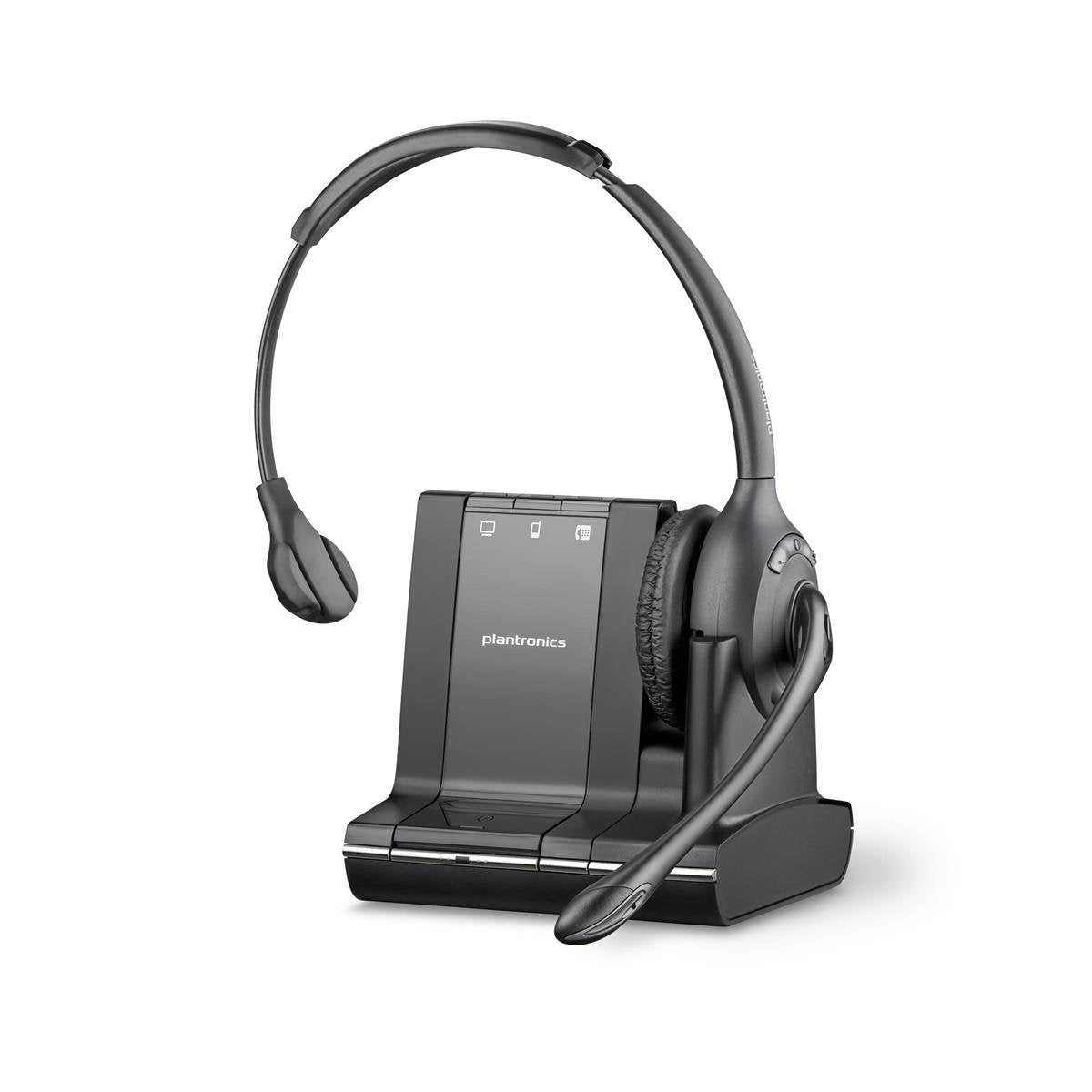 A Plantronics Savi W710-M Over-the-Head Mono Wireless Headset with a single ear cushion and an extended noise-canceling microphone boom is resting on its matching charging and docking station. The sleek, modern design ensures flexible connectivity, making it ideal for clear communication in any environment.