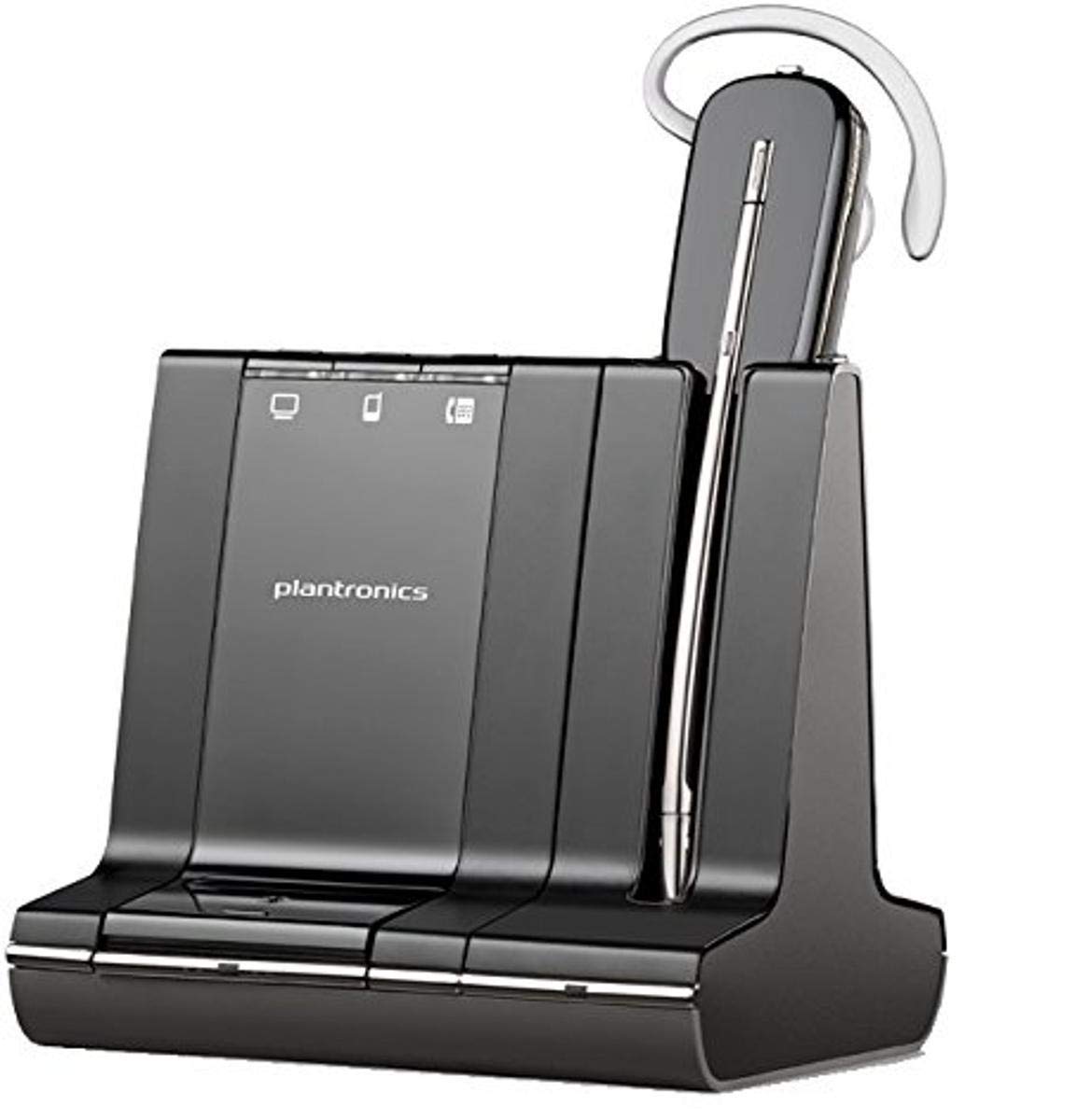 A sleek, modern black wireless Plantronics Savi W745 Dect Mo, Standard Packaging (Part # 86507-01) headset rests on its charging base. The base features three slots and an LED indicator light. The headset comprises an earpiece with an attached microphone arm, making it a stylish and functional choice for any workspace.