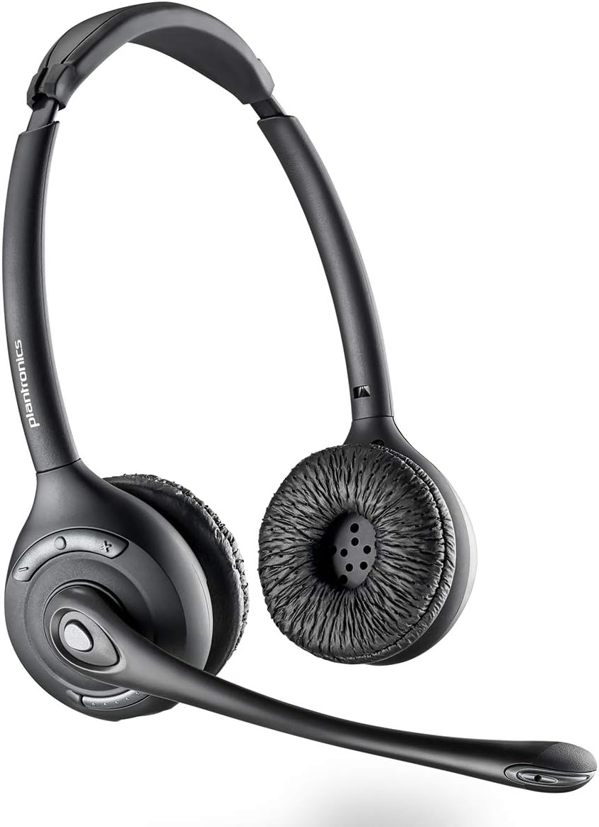 A black/silver Plantronics PL-CS520 Binaural Wireless Headset System (Part # 84692-01) featuring cushioned ear pads, an adjustable headband, and a flexible noise-canceling microphone. Designed for comfortable use and high-quality sound, it also offers extended wireless talk time for hands-free multitasking.