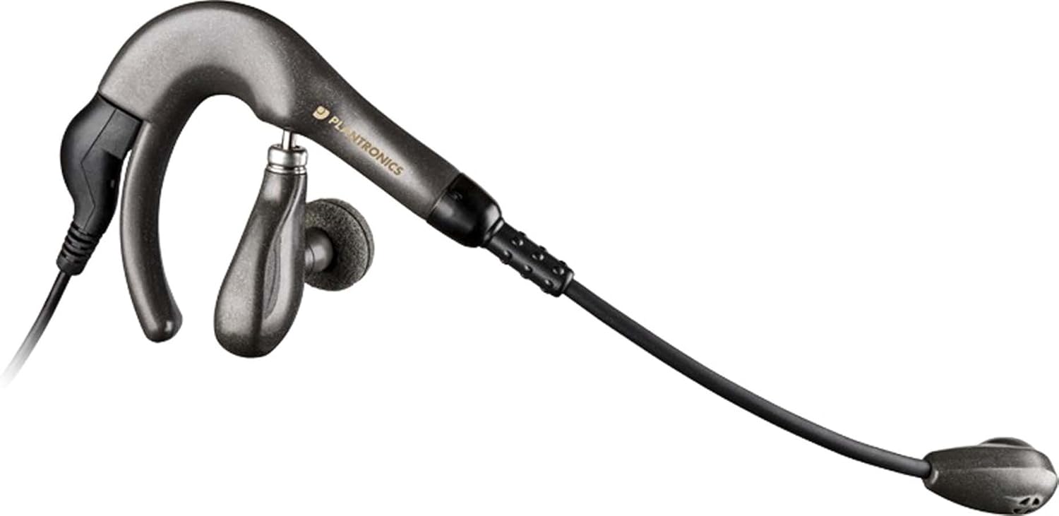 The Plantronics Tristar Headset with Noise Cancelling Microphone (H81N) by Plantronics is a stylish black and gray wired headset featuring a curved ear hook design and boom microphone. It includes an earpiece with a soft cushion for comfort and comes equipped with an adjustable, noise-cancelling mic to ensure superior clarity.