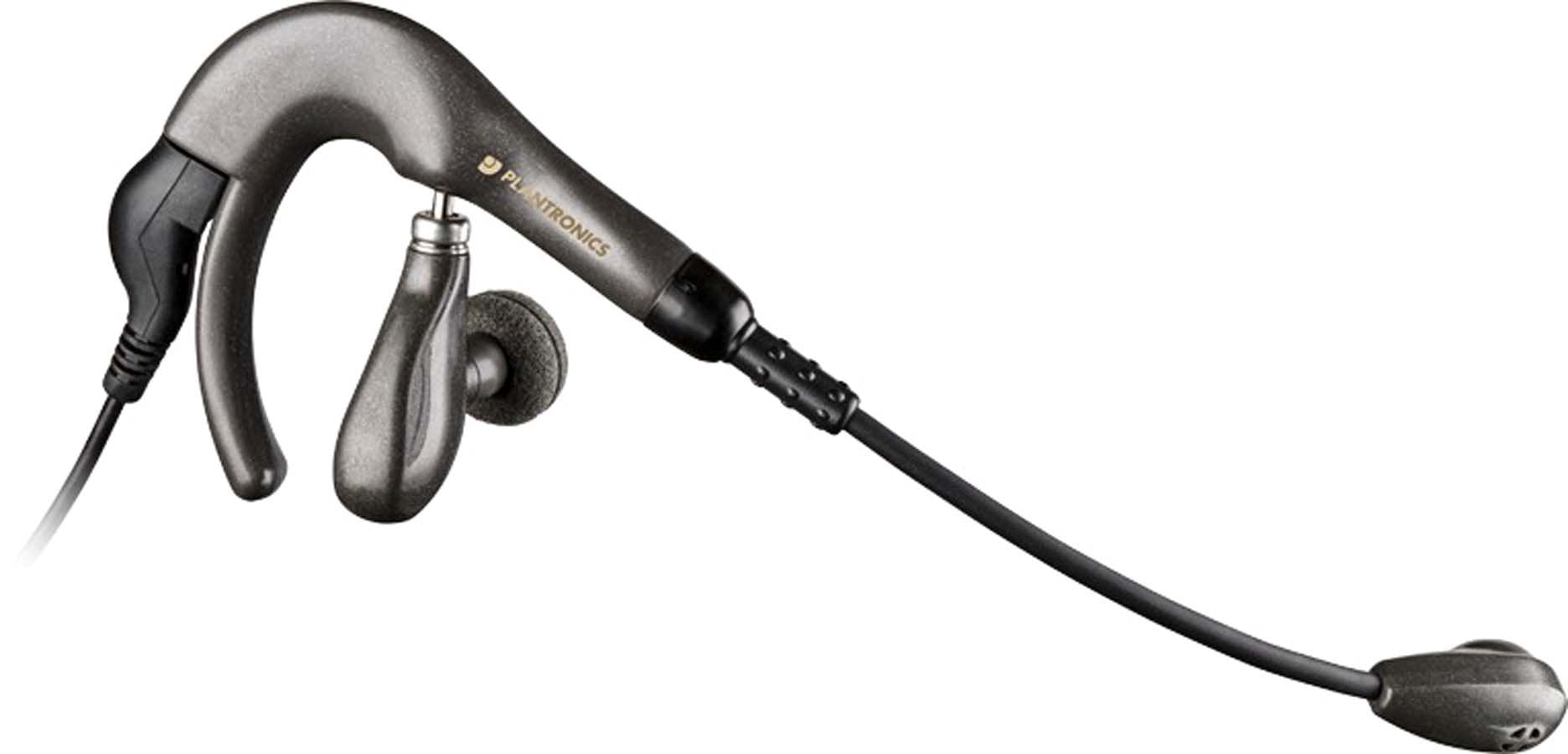 The Plantronics Tristar Headset (H81N) features a stylish black and silver design with an over-the-ear fit and a microphone boom extending outward. It comes with an earbud-style speaker cushioned by a gray foam pad, prominently displaying the Plantronics brand name on the side. This headset offers superb noise-cancelling capabilities for an immersive audio experience.