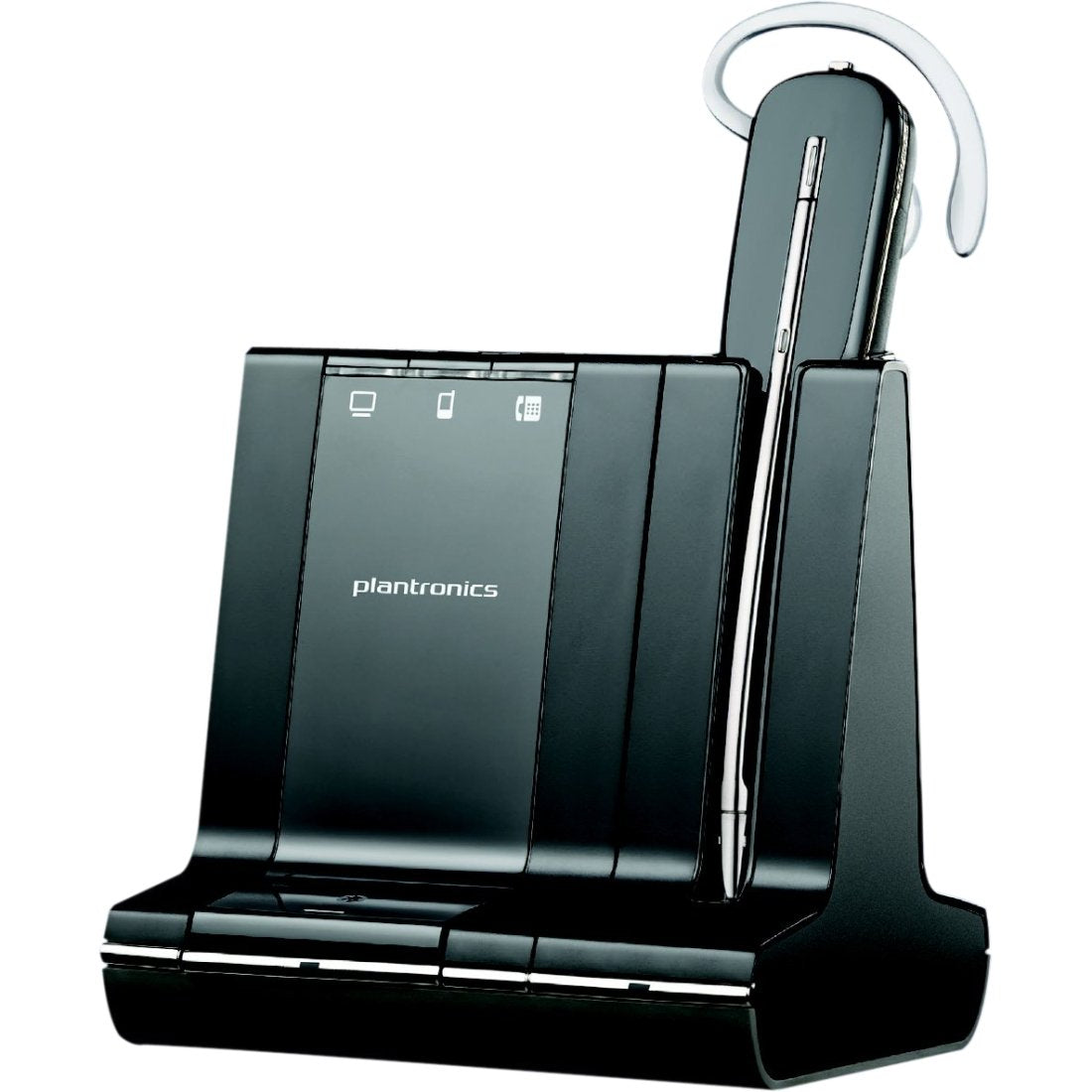 A sleek black Plantronics Savi W745-M Wireless Headset (86507-21) with a noise-canceling mic is placed on its charging dock. The headset features a curved hook for comfortable ear placement, and the dock displays minimalistic icons along with the Plantronics logo on the front. Designed for unified communication and compatible with Microsoft Lync, this setup exudes modern professionalism.