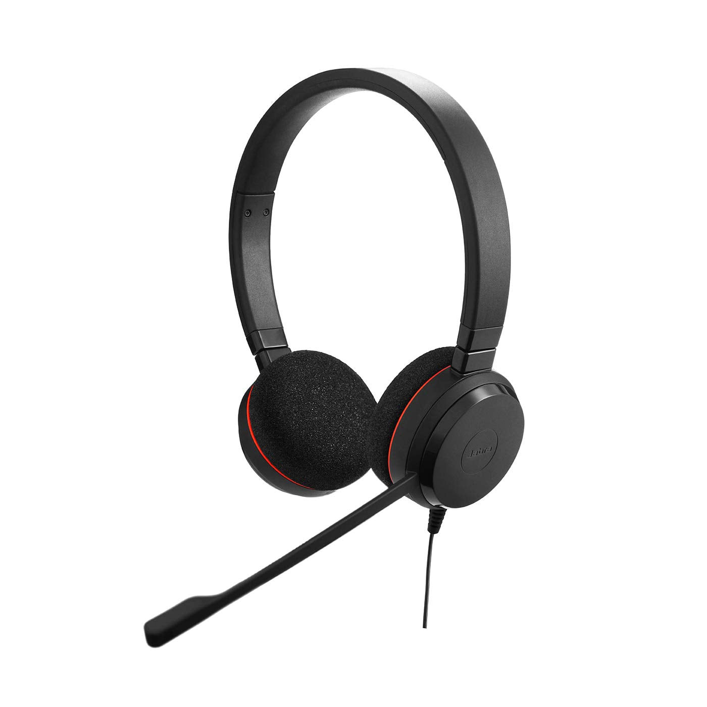 A black Jabra Evolve 20 UC Wired Headset Stereo, Professional Telephone Headphones for Greater Productivity, Superior Sound for Calls and Music, USB Connection, All Day Comfort Design with a straight headband and two cushioned ear pads. It includes a noise-canceling microphone attached to a long boom on the left ear cup and a wired connection. The ear pads, accented in red on the inner edges, ensure all-day comfort.

Brand Name: Jabra