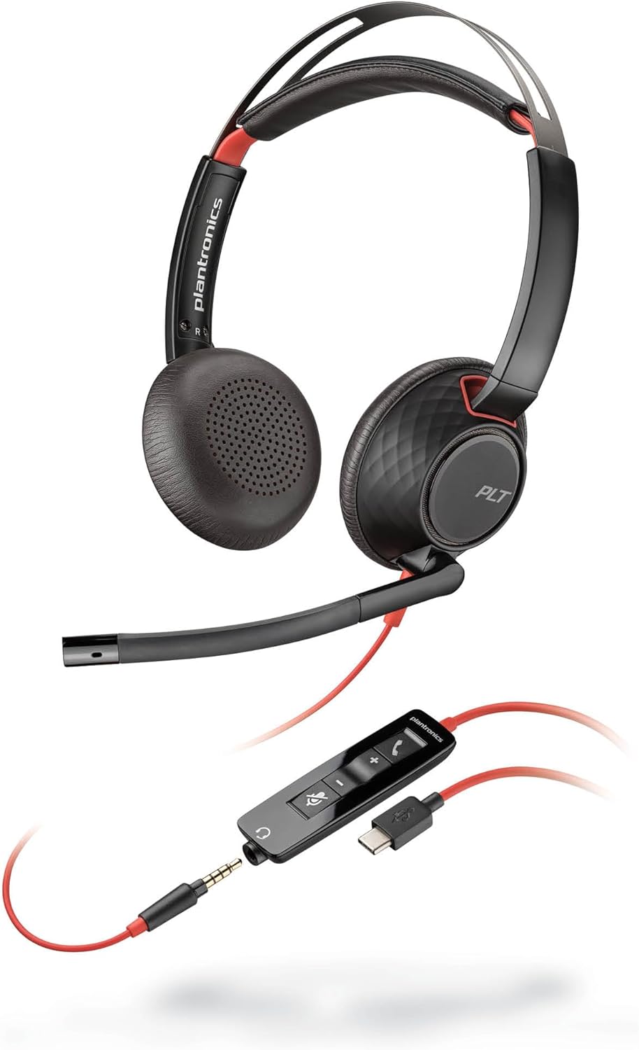 A black and red Poly Blackwire 5220 Wired Headset (Plantronics) - Flexible Noise-Canceling Boom Mic - Ergonomic Design - Connect to PC/Mac, Mobile via USB-C, USB-A, or 3.5 mm - Works w/Teams, Zoom - (Part#8M3W9AA#ABA) with an adjustable microphone boom. This premium audio quality headset features a control panel with volume and call management buttons, along with versatile connectivity options including USB and 3.5mm connectors, making it ideal for personal and professional use.