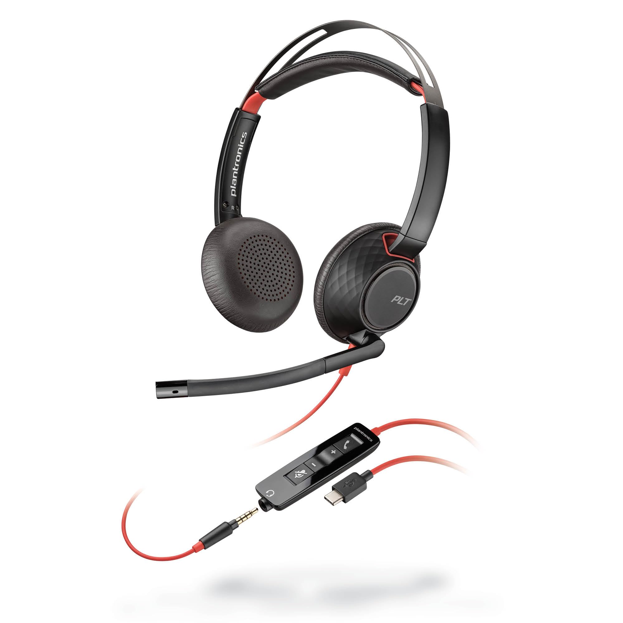 The Poly Blackwire 5220 Wired Headset (Plantronics) - Flexible Noise-Canceling Boom Mic - Ergonomic Design - Connect to PC/Mac, Mobile via USB-C, USB-A, or 3.5 mm - Works w/Teams, Zoom - (Part#8M3W9AA#ABA) offers black over-the-head headphones with a boom microphone and attached red cord, featuring a control module for volume, mute, and call management. With premium audio quality and versatile connectivity options, the "Poly" logo is prominently displayed on the ear cup.