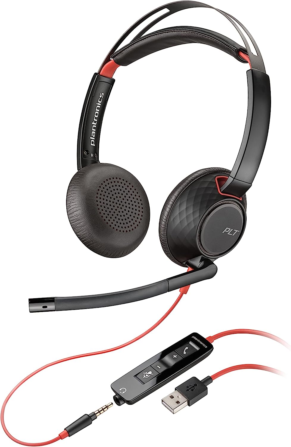 An over-ear Poly - Blackwire 5220 USB-A Headset (Plantronics) - Wired, Dual Ear (Stereo) Computer Headset with Boom Mic - USB-A, 3.5 mm to connect to your PC, Mac, Tablet and/or Cell Phone (part# 207576-01) with a black and red design. It features a padded headband, noise-canceling adjustable microphone, and in-line control. This high-performance headset connects via USB-A and a 3.5mm audio jack, with both cables shown extending from the control unit.