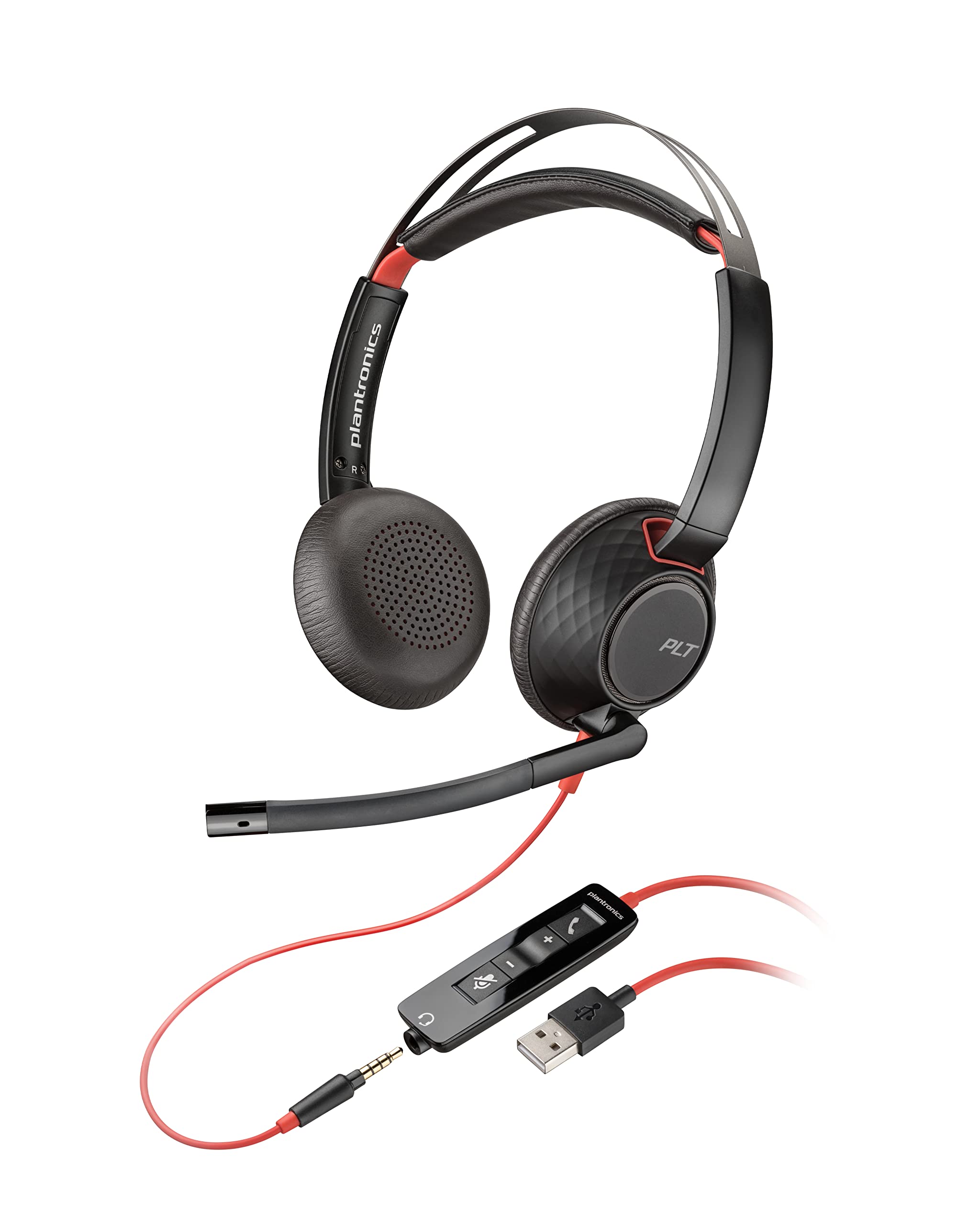 The Poly - Blackwire 5220 USB-A Headset (Plantronics) - Wired, Dual Ear (Stereo) Computer Headset with Boom Mic - USB-A, 3.5 mm to connect to your PC, Mac, Tablet and/or Cell Phone (part# 207576-01) is a high-performance wired headset featuring sleek black and red over-ear headphones with an adjustable noise-canceling microphone. It includes a 3.5mm audio connector and a detachable inline control with a USB-A connector for volume, mute, and call buttons.