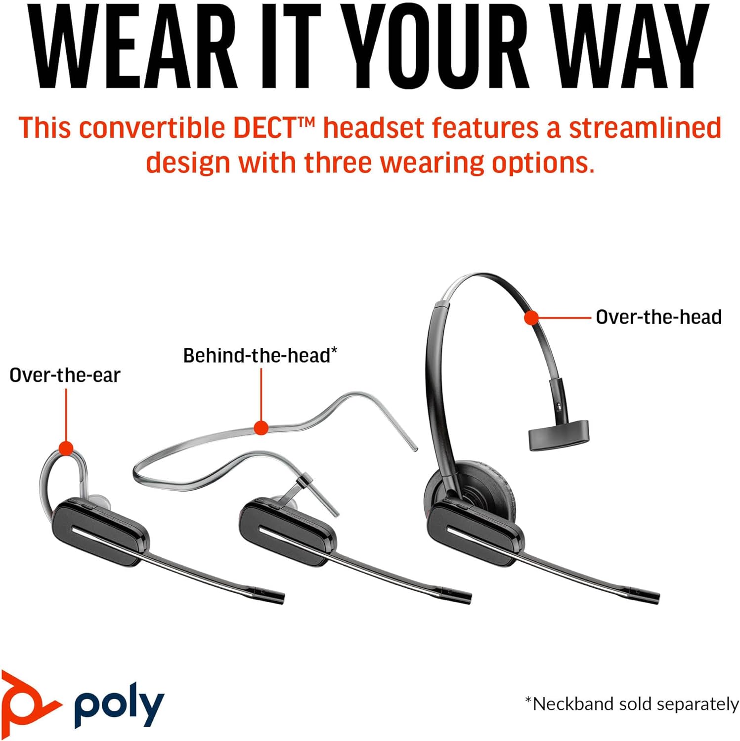 Image of the Poly CS540 Wireless DECT Headset featuring three wearing options: Over-the-ear, Behind-the-head, and Over-the-head. The text "Wear It Your Way" is at the top, with a description below. The Poly logo appears at the bottom left. Neckband sold separately is noted. Ideal office headset choice for versatility.