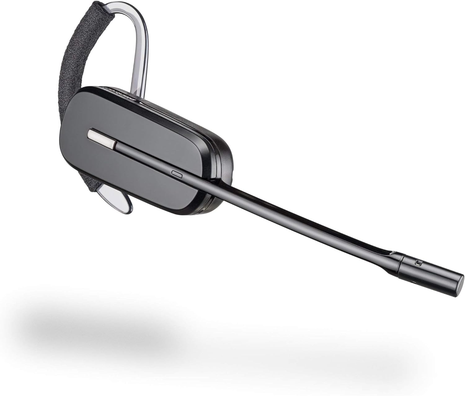 The Plantronics-CS540 Convertible Wireless Headset with HL10 Handset Lifter (84693-01 w HL10) is a black wireless headset with an over-ear hook and an extended microphone boom on the right side. It boasts a sleek, modern design, featuring a cushioned ear hook for comfort. The image shows a light shadow underneath the headset, enhancing its elegant profile.