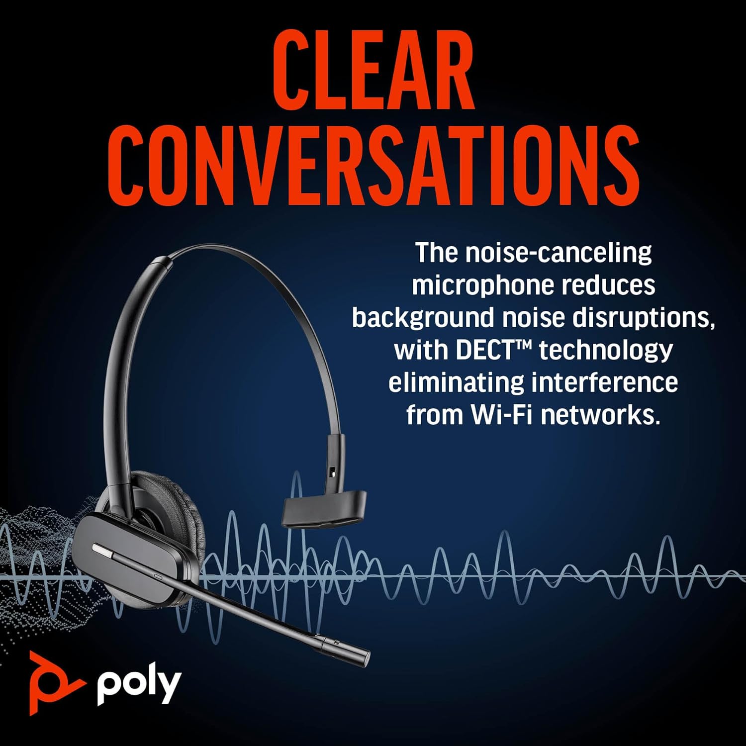 An image features the Poly CS540 Wireless DECT Headset, a single-ear (mono) on-ear wireless headset with an attached microphone. Overlaid text highlights its noise-canceling capabilities: "CLEAR CONVERSATIONS. The noise-canceling microphone reduces background noise disruptions, with DECT™ technology eliminating interference from Wi-Fi networks." The Poly logo is displayed at the bottom-left corner.