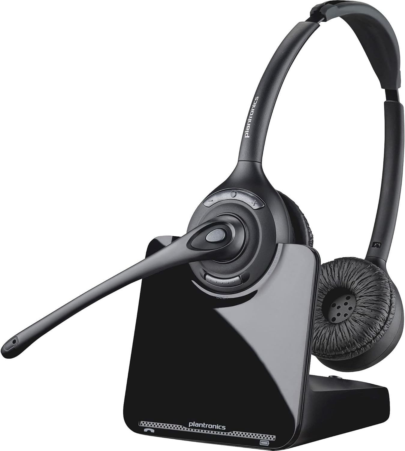 A black wireless Plantronics PL-CS520 Binaural Wireless Headset System, Black/Silver (Part # 84692-01) with a noise-canceling microphone attached sits on its charging base. The base has a sleek, glossy finish with the Plantronics logo on the front. The headset, perfect for hands-free multitasking, features cushioned ear pads and an adjustable headband.