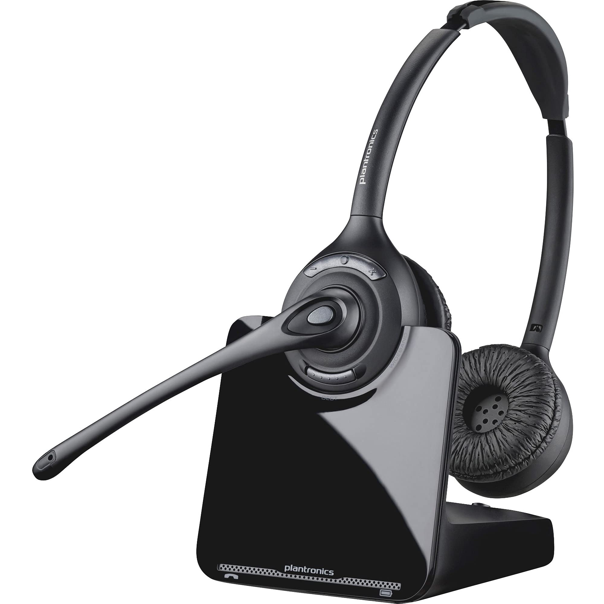 A black Plantronics PL-CS520 Binaural Wireless Headset System, Black/Silver (Part # 84692-01) rests on its charging base, perfect for hands-free multitasking. The headset features an over-the-head design with cushioned ear pads and a noise-canceling microphone on a flexible, adjustable boom. The sleek, glossy base completes the setup.