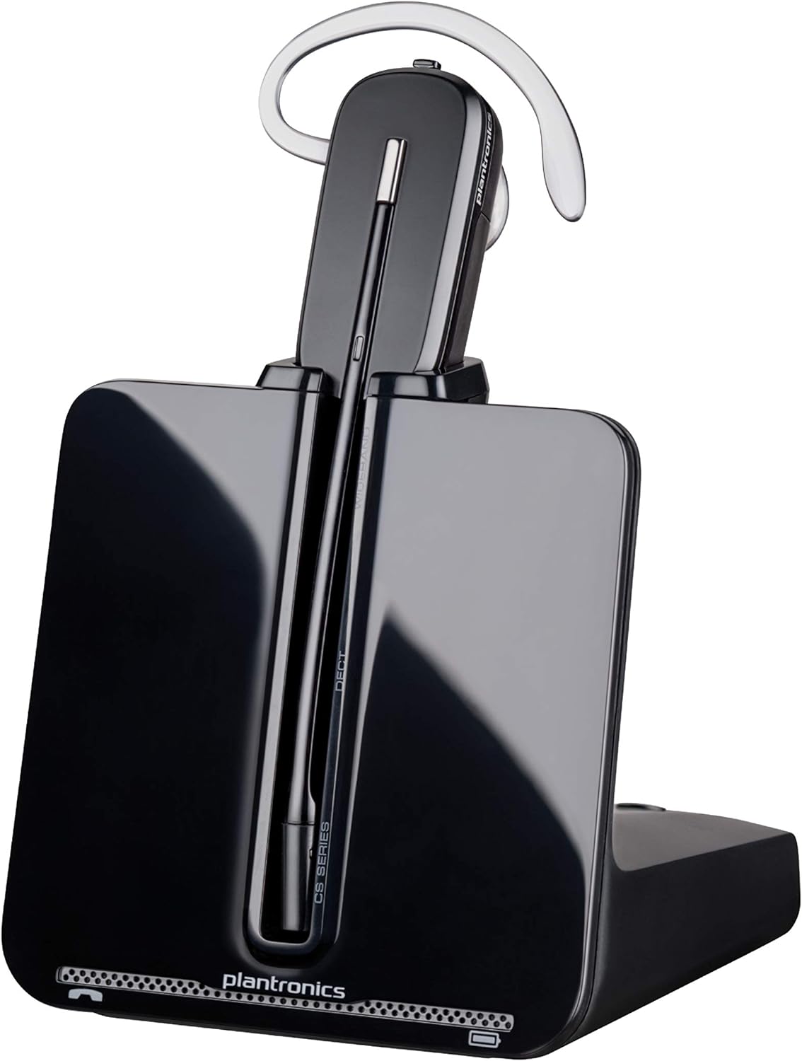 A Plantronics CS540 XD Wireless Headset rests in its black charging stand. The sleek design features a small ear hook for secure fitting, and the PLANTRONICS logo is visible at the bottom. Equipped with SoundGuard technology, the headset also boasts a thin, curved microphone for clear communication.