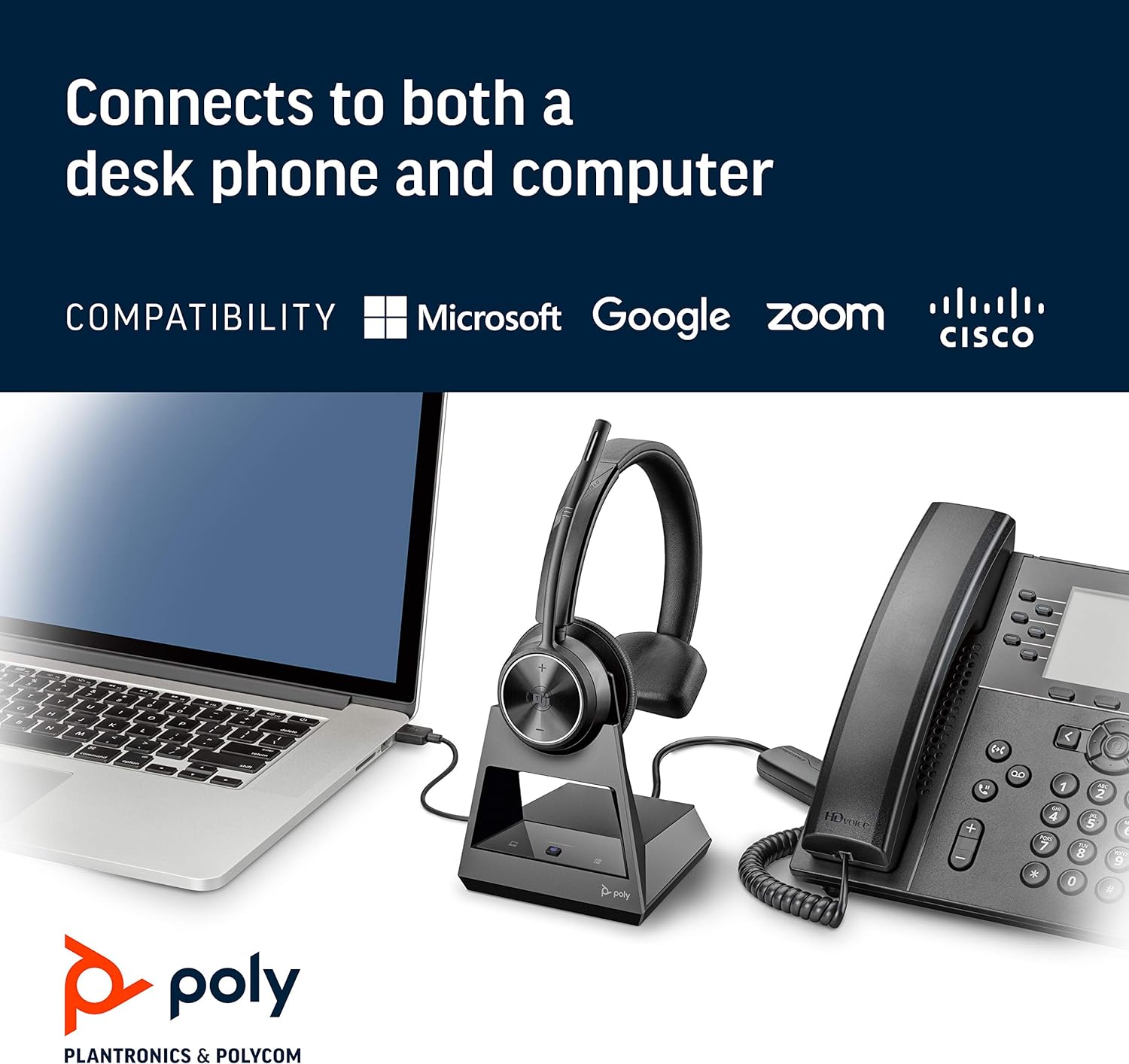 Image of a desk setup with a laptop, the Poly Savi 7310-M Ultra-Secure Wireless DECT Headset System docked, and a desk phone. Text at the top reads, "Connects to both a desk phone and computer." Below, logos for Microsoft, Google, Zoom, and Cisco indicate compatibility. The Plantronics logo is at the bottom.