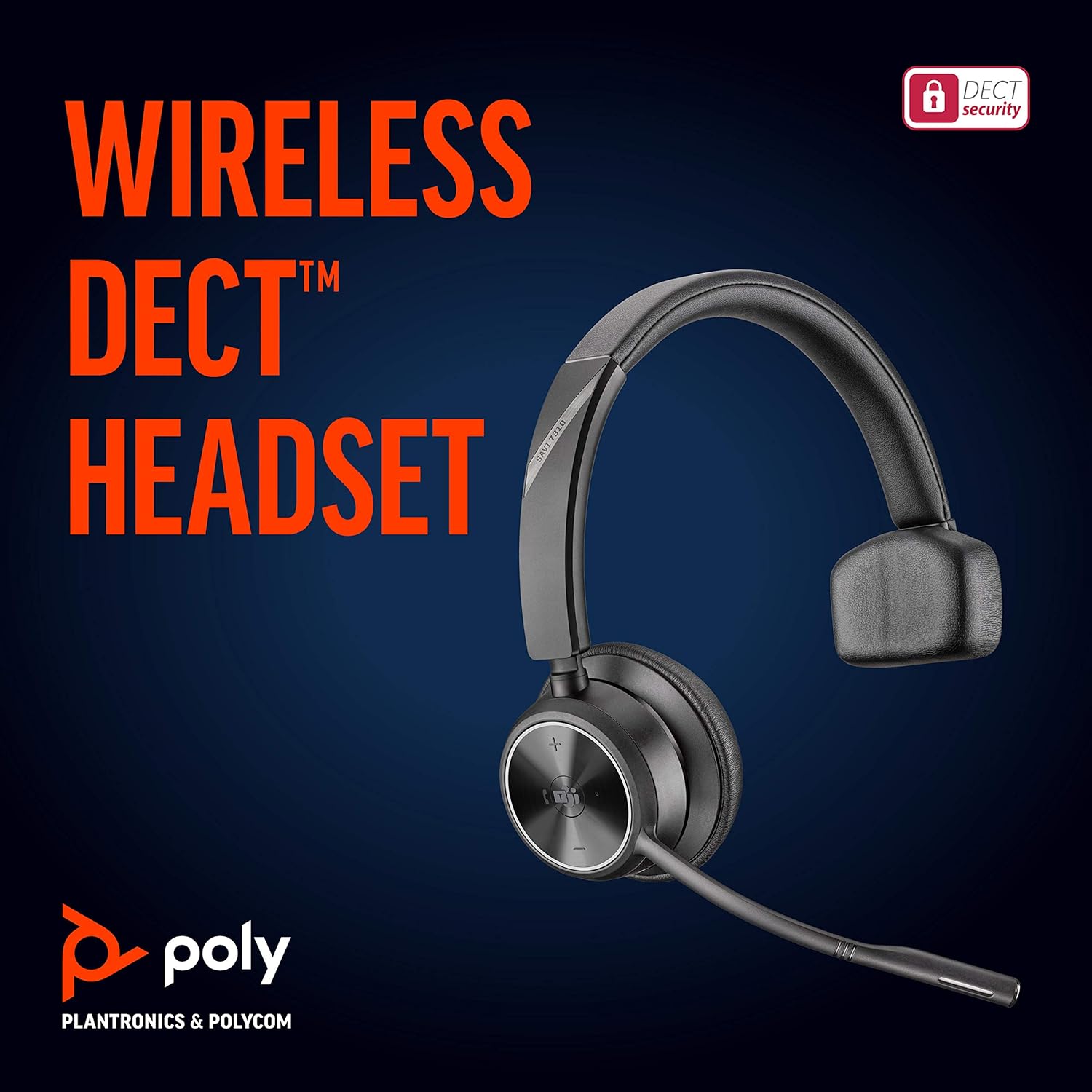 The image features a Poly Savi 7310-M Ultra-Secure Wireless DECT Headset System, Microsoft Teams Certified (215202-01) from Plantronics. The headset is shown against a dark blue background with bold red text that reads "WIRELESS DECT HEADSET." The Poly logo and the words "PLANTRONICS & POLYCOM" are displayed at the bottom.