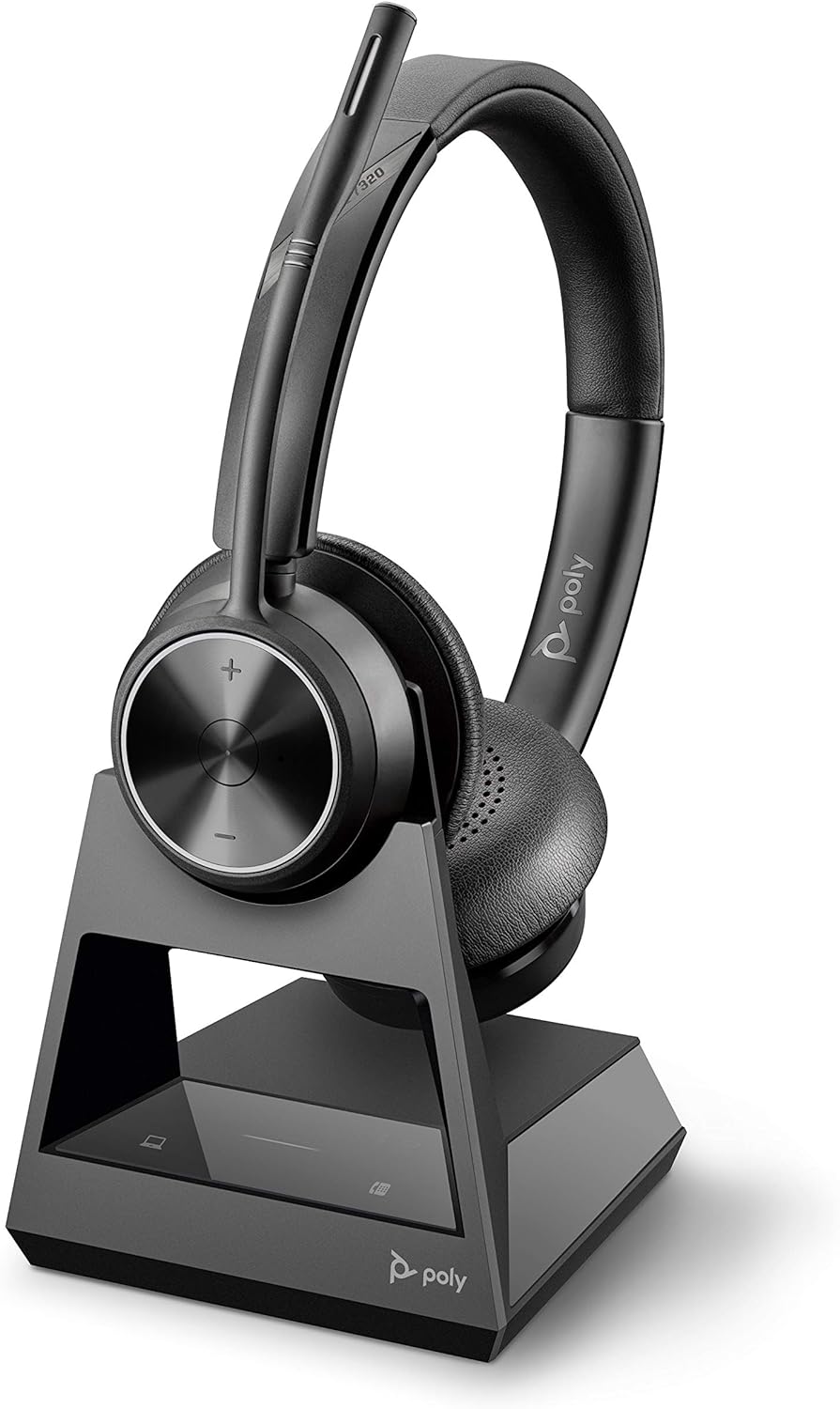 A black Poly Savi 7320 Ultra-Secure Wireless DECT Headset System (214777-01) with a microphone rests on its triangular charging stand. The headset features ear cushions and buttons for volume control. The stand and headset both display the Poly logo. The design is sleek and modern, emphasizing a professional appearance perfect for any office environment, making it an ideal choice under the reputable Plantronics brand name.
