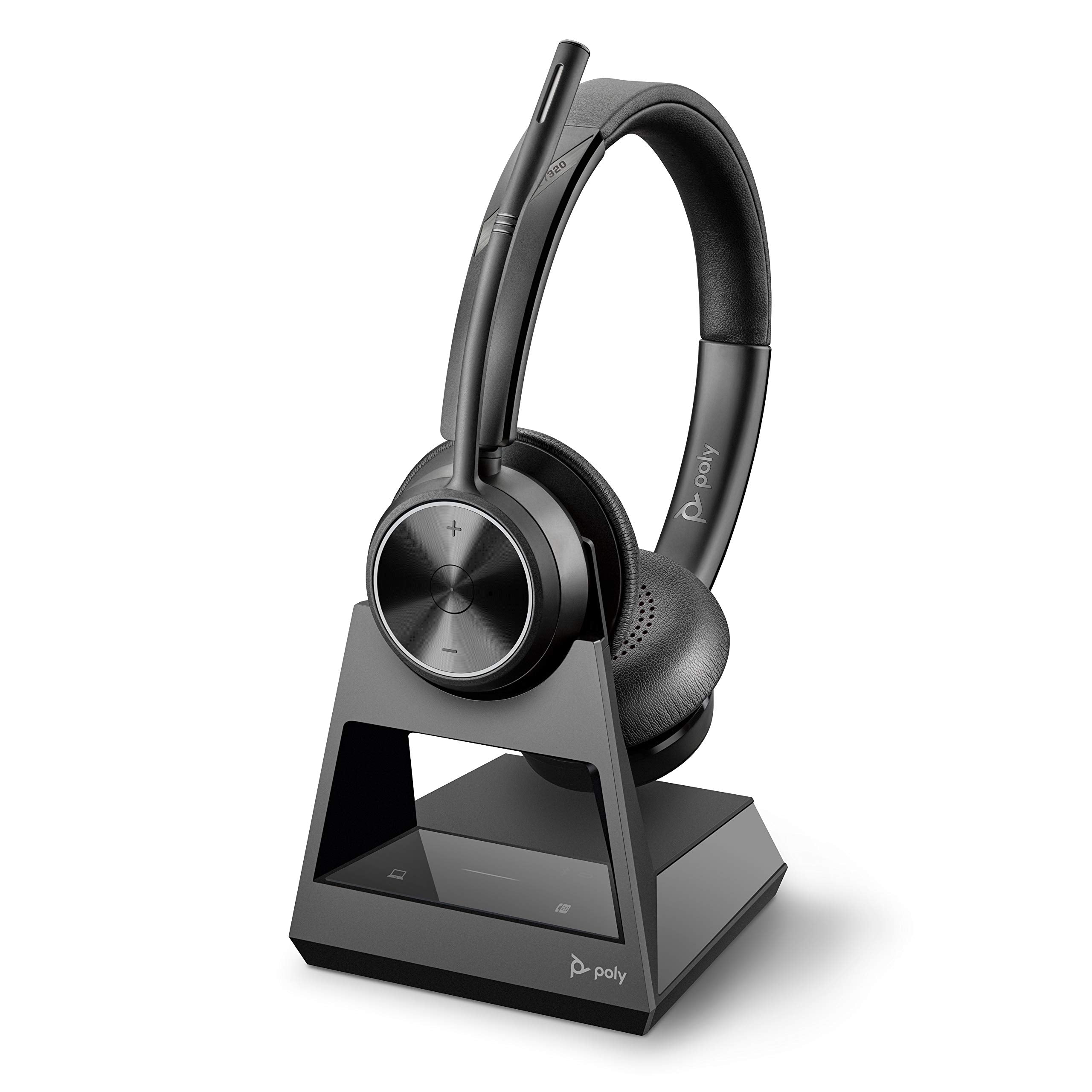 A stylish black wireless DECT headset with a microphone is placed on its triangular charging stand. This headset, part of the Poly Savi 7320 Ultra-Secure Wireless DECT Headset System (214777-01) by Plantronics, features volume control buttons on the side and displays the "Poly" branding. The sleekly designed stand also proudly carries the "Poly" logo at its base.