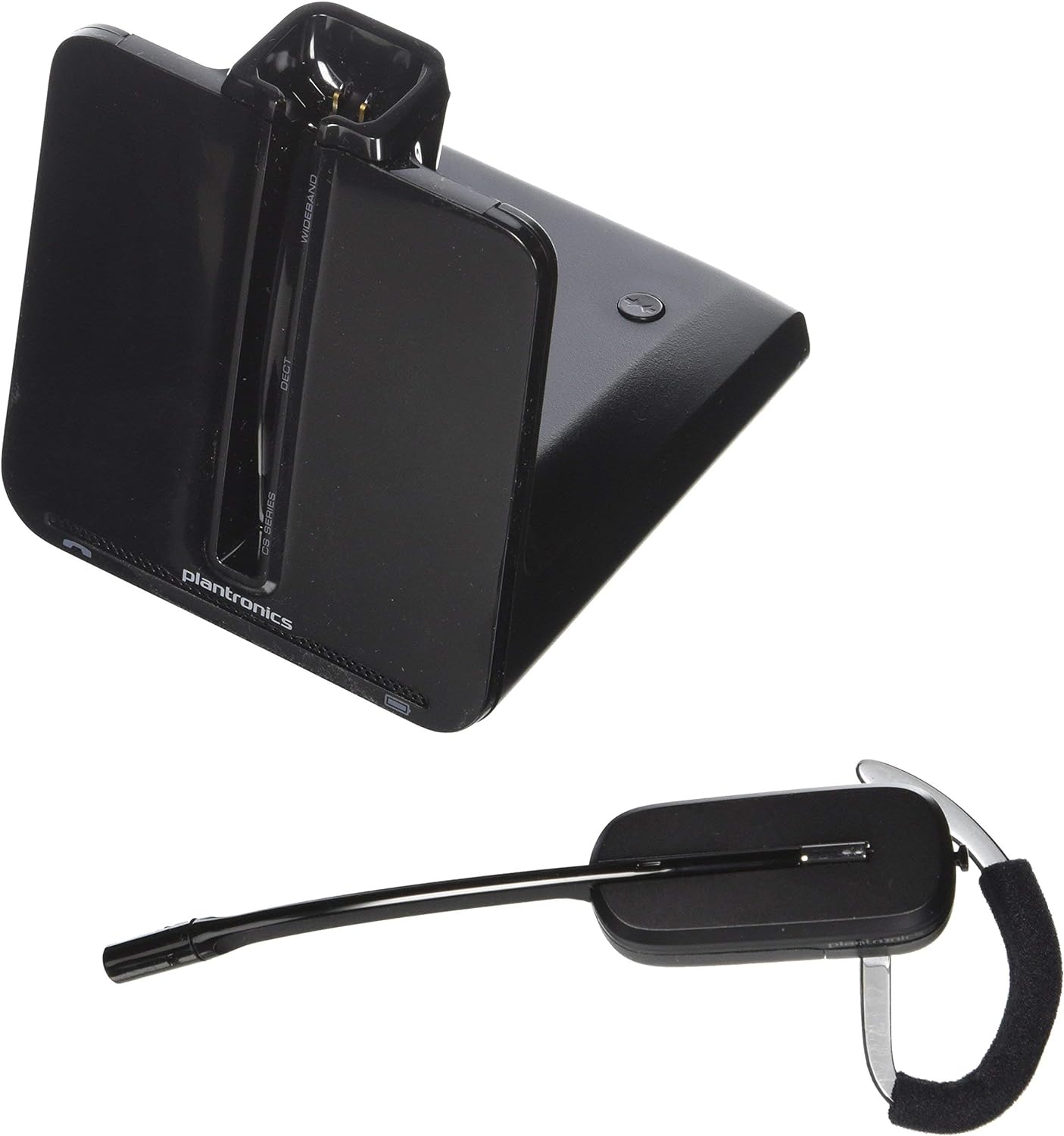 A Plantronics-CS540 Convertible Wireless Headset with HL10 Handset Lifter (84693-01 w HL10) featuring a long microphone boom and an over-the-ear design, displayed next to its black charging base. The base has a sleek, angled appearance and includes a cradle for the headset. The brand "Plantronics" is visible on the charging base.